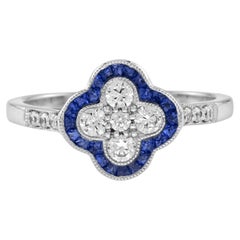 Diamond and Blue Sapphire Art Deco Style Floral Ring in 18K White Gold