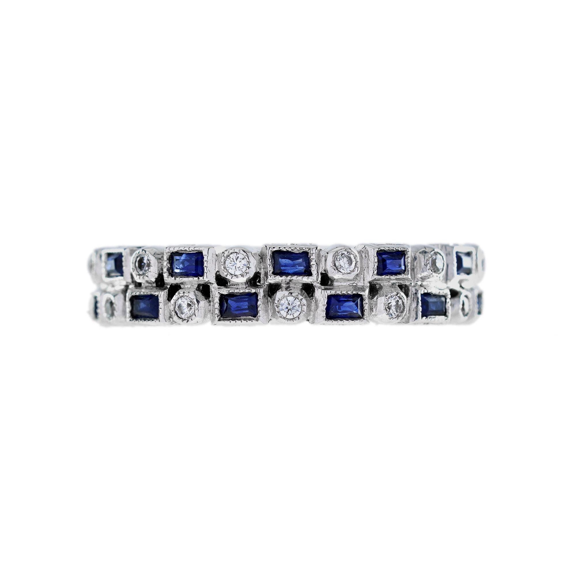 For Sale:  Diamond and Blue Sapphire Art Deco Style Half Eternity Ring in 14K White Gold 3
