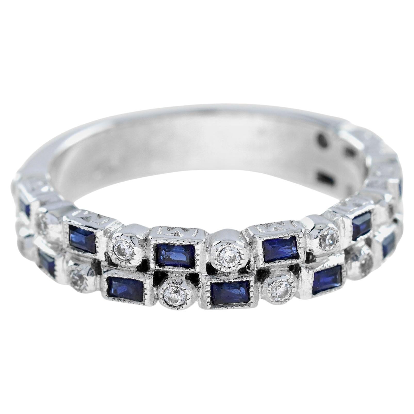 For Sale:  Diamond and Blue Sapphire Art Deco Style Half Eternity Ring in 14K White Gold