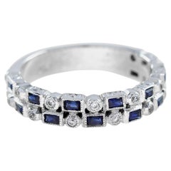 Diamond and Blue Sapphire Art Deco Style Half Eternity Ring in 14K White Gold