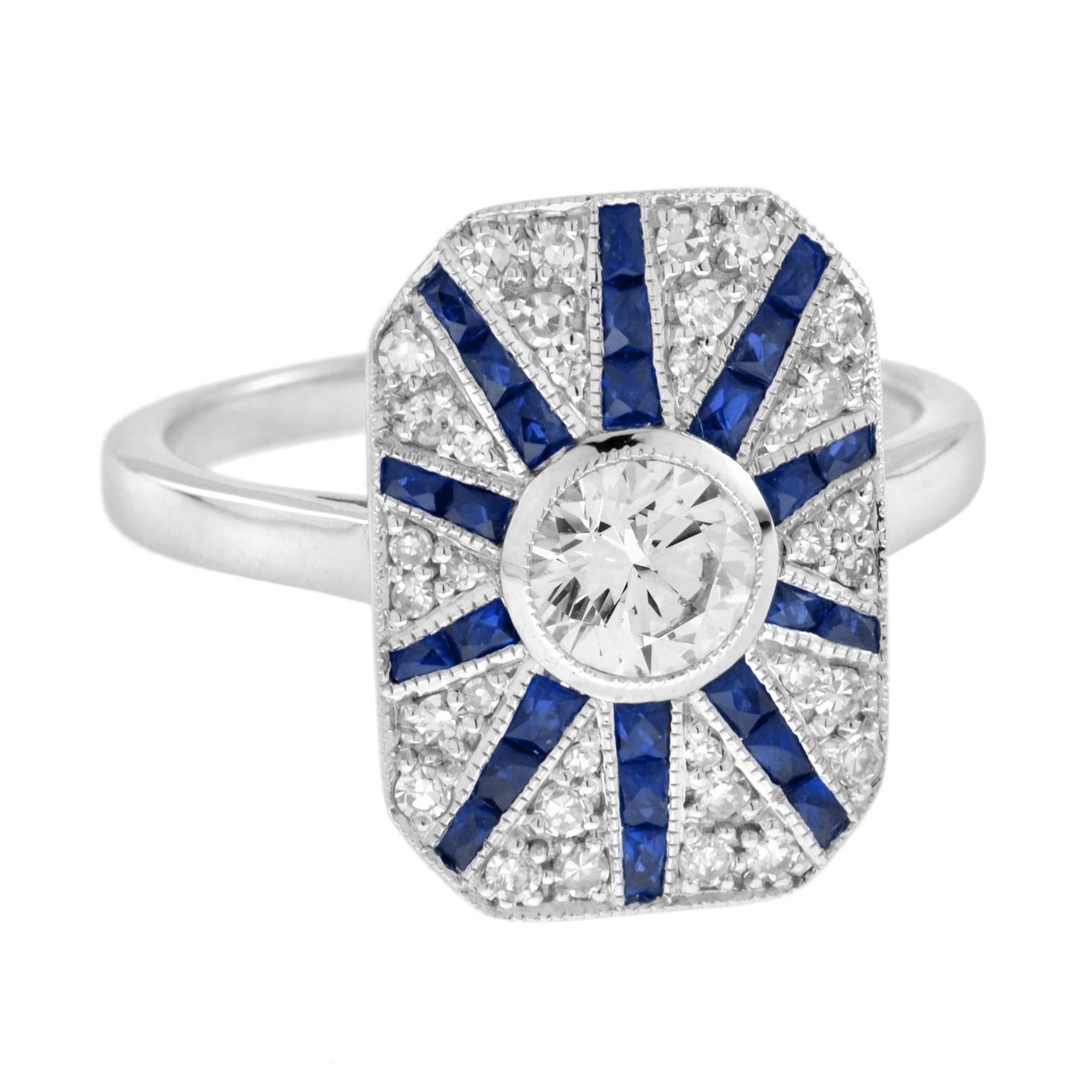 Round Cut Diamond and Blue Sapphire Art Deco Style Halo Ring in 18K White Gold For Sale