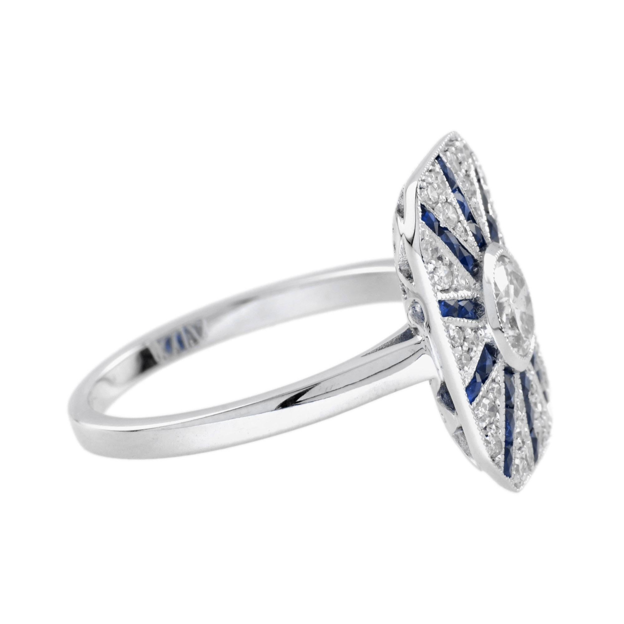 Diamond and Blue Sapphire Art Deco Style Halo Ring in 18K White Gold In New Condition For Sale In Bangkok, TH