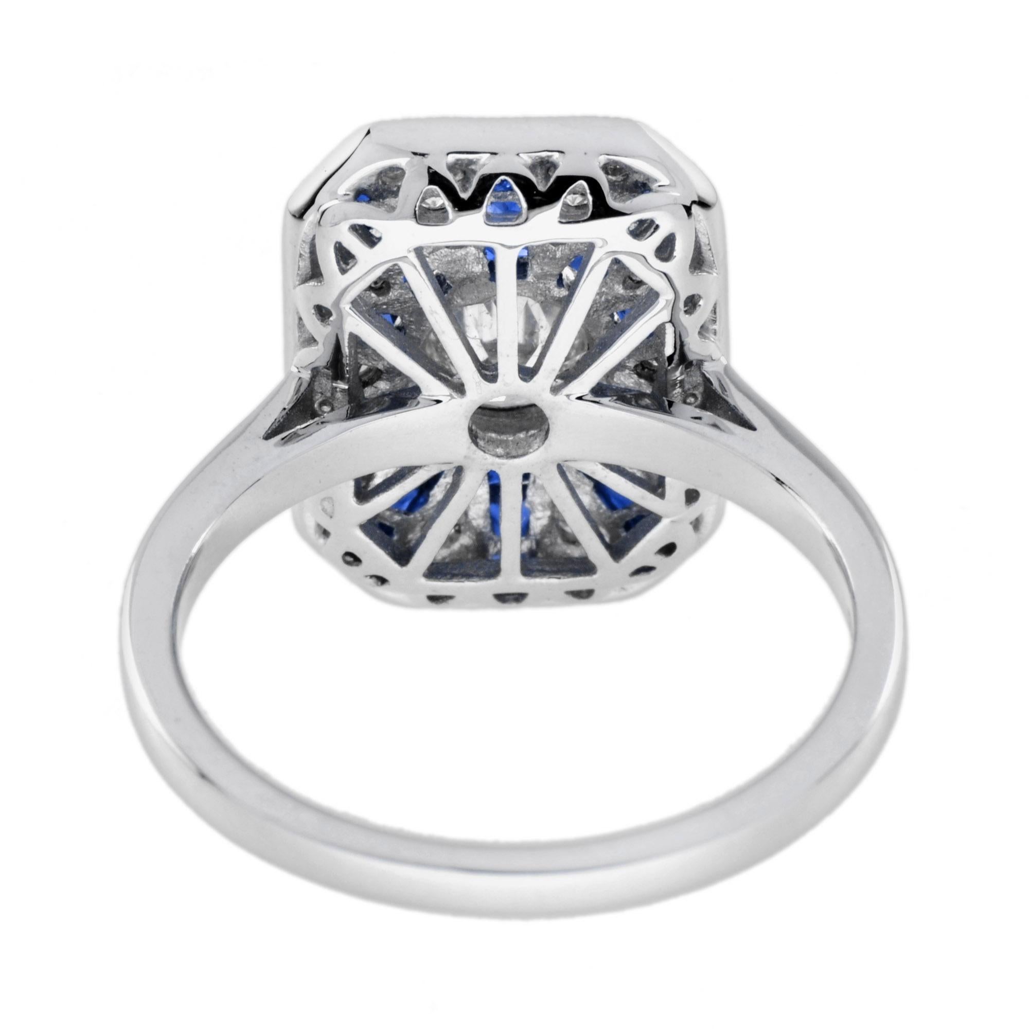 Women's Diamond and Blue Sapphire Art Deco Style Halo Ring in 18K White Gold For Sale