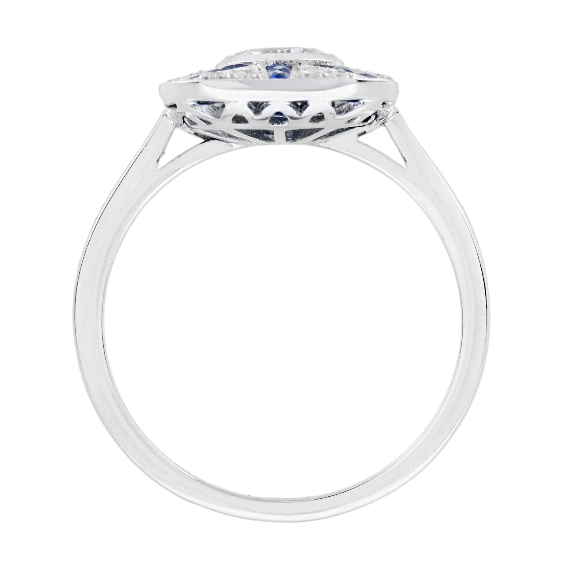 Bague halo de style Art déco en or blanc 18 carats avec diamants et saphirs bleus en vente 1