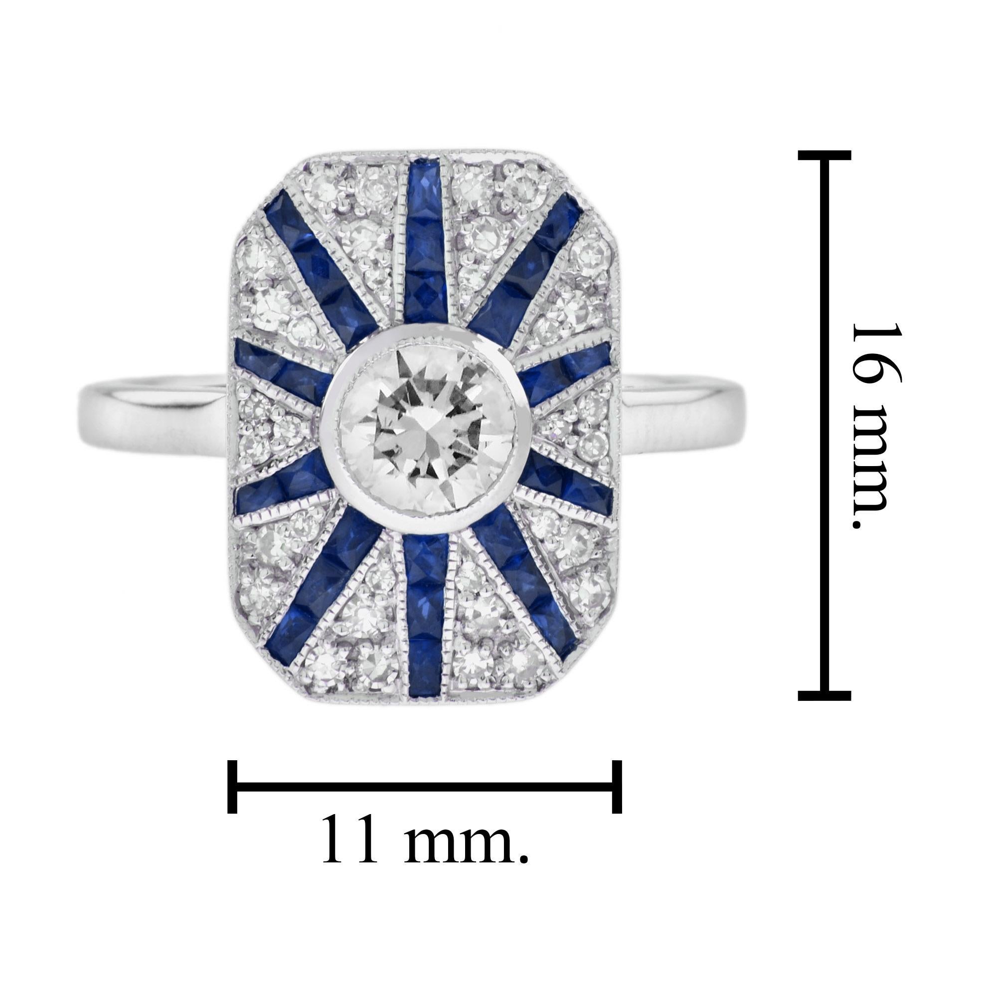 Bague halo de style Art déco en or blanc 18 carats avec diamants et saphirs bleus en vente 2