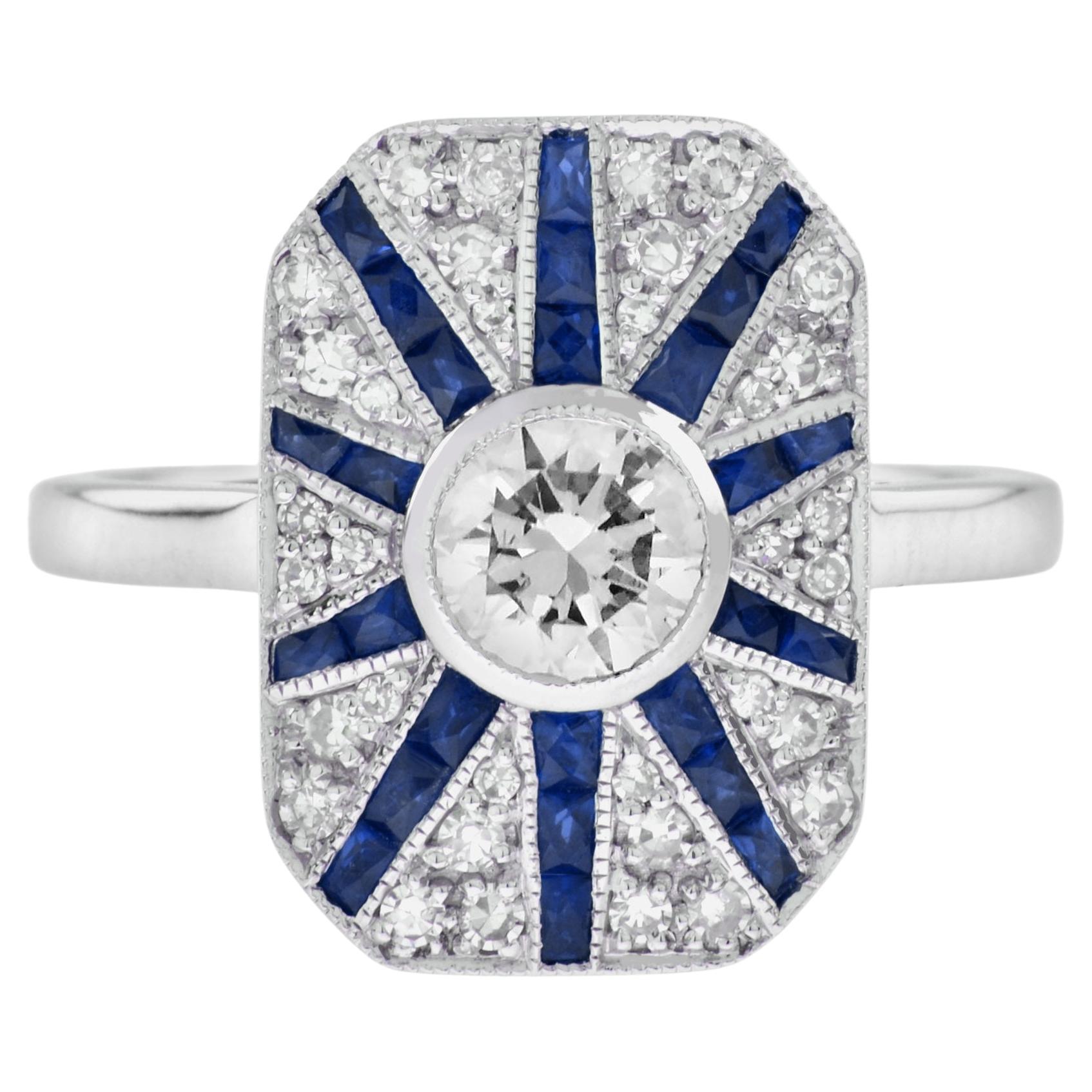 Bague halo de style Art déco en or blanc 18 carats avec diamants et saphirs bleus en vente