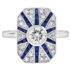 Diamond and Blue Sapphire Art Deco Style Halo Ring in 18K White Gold