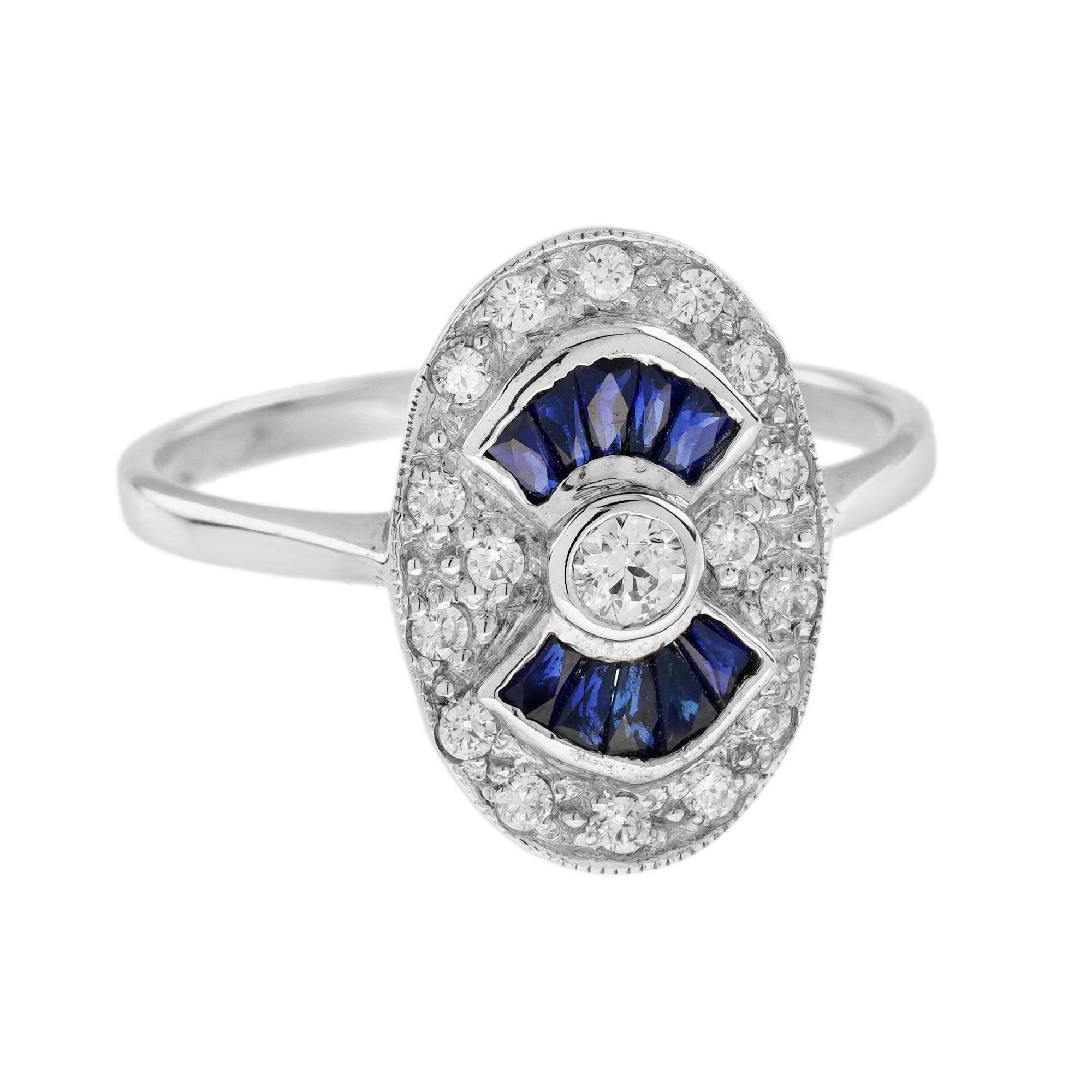 For Sale:  Diamond and Blue Sapphire Art Deco Style Oval Shaped Ring in 14K White Gold 3