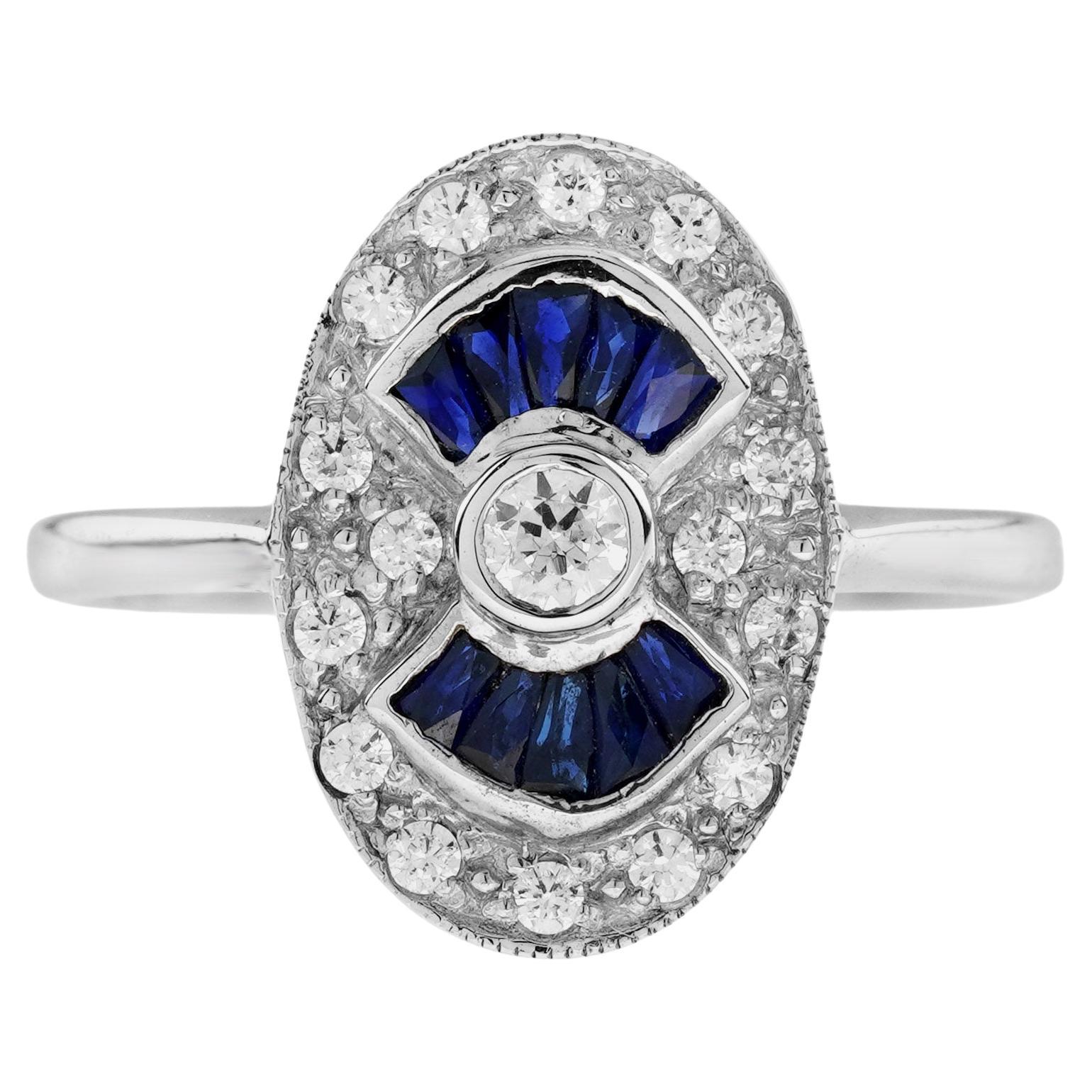 For Sale:  Diamond and Blue Sapphire Art Deco Style Oval Shaped Ring in 14K White Gold