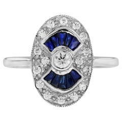 Diamond and Blue Sapphire Art Deco Style Oval Shaped Ring in 14K White Gold