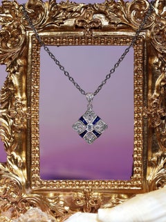 Diamond and Blue Sapphire Art Deco Style Pendant in 14K White Gold