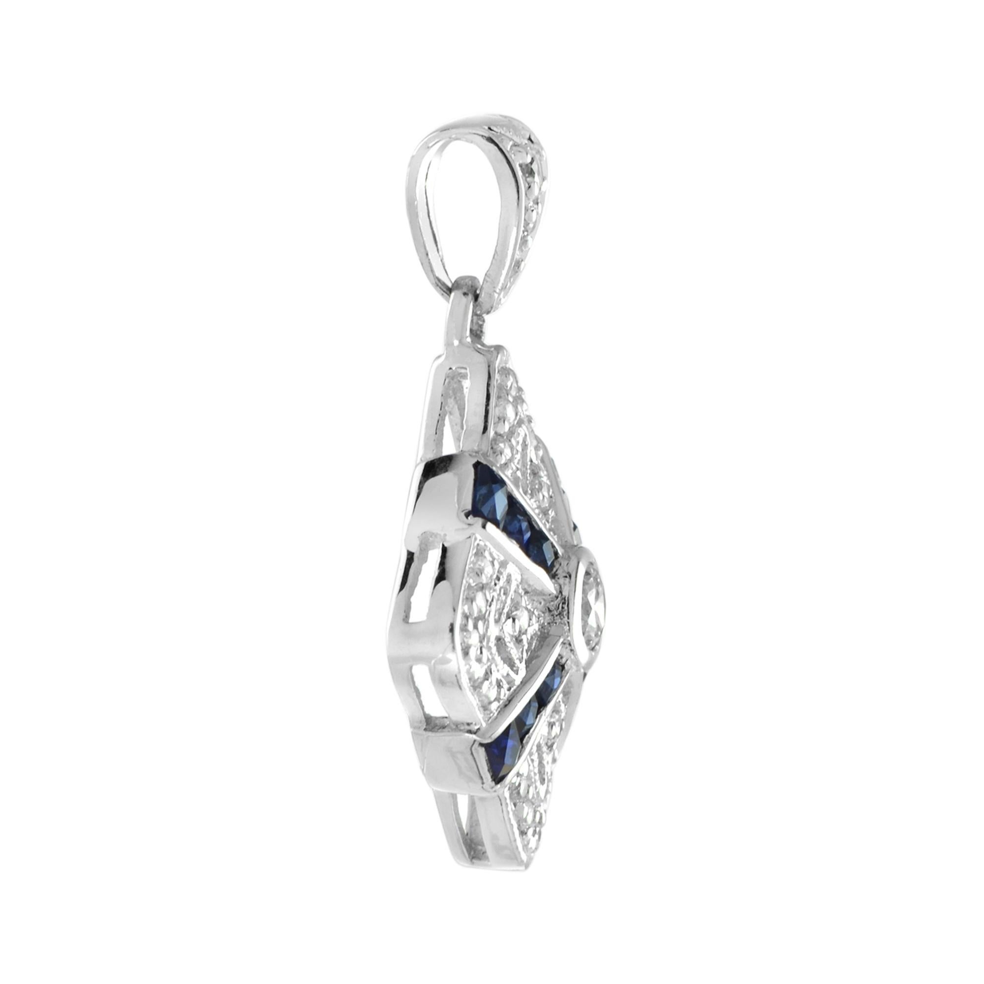 Round Cut Diamond and Blue Sapphire Art Deco Style Pendant in 14K White Gold For Sale