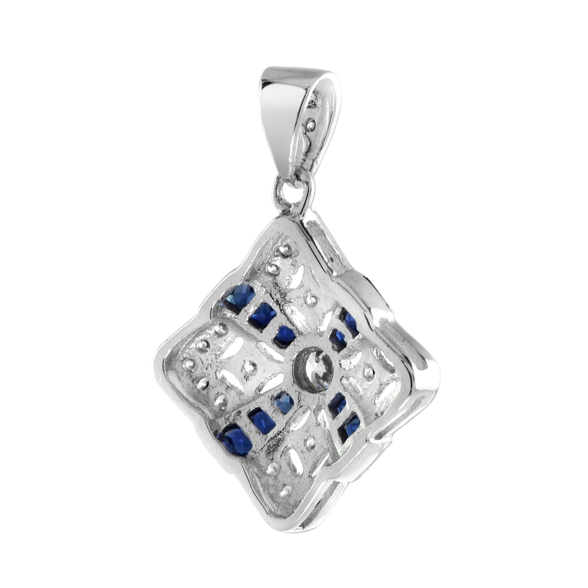 Diamond and Blue Sapphire Art Deco Style Pendant in 14K White Gold In New Condition For Sale In Bangkok, TH