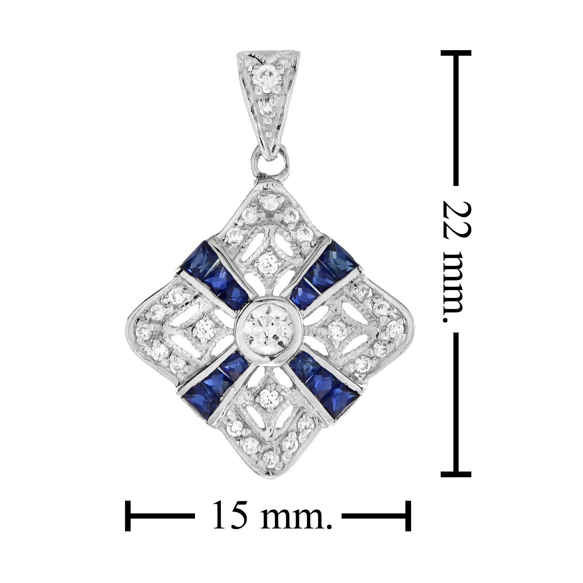 Women's or Men's Diamond and Blue Sapphire Art Deco Style Pendant in 14K White Gold For Sale