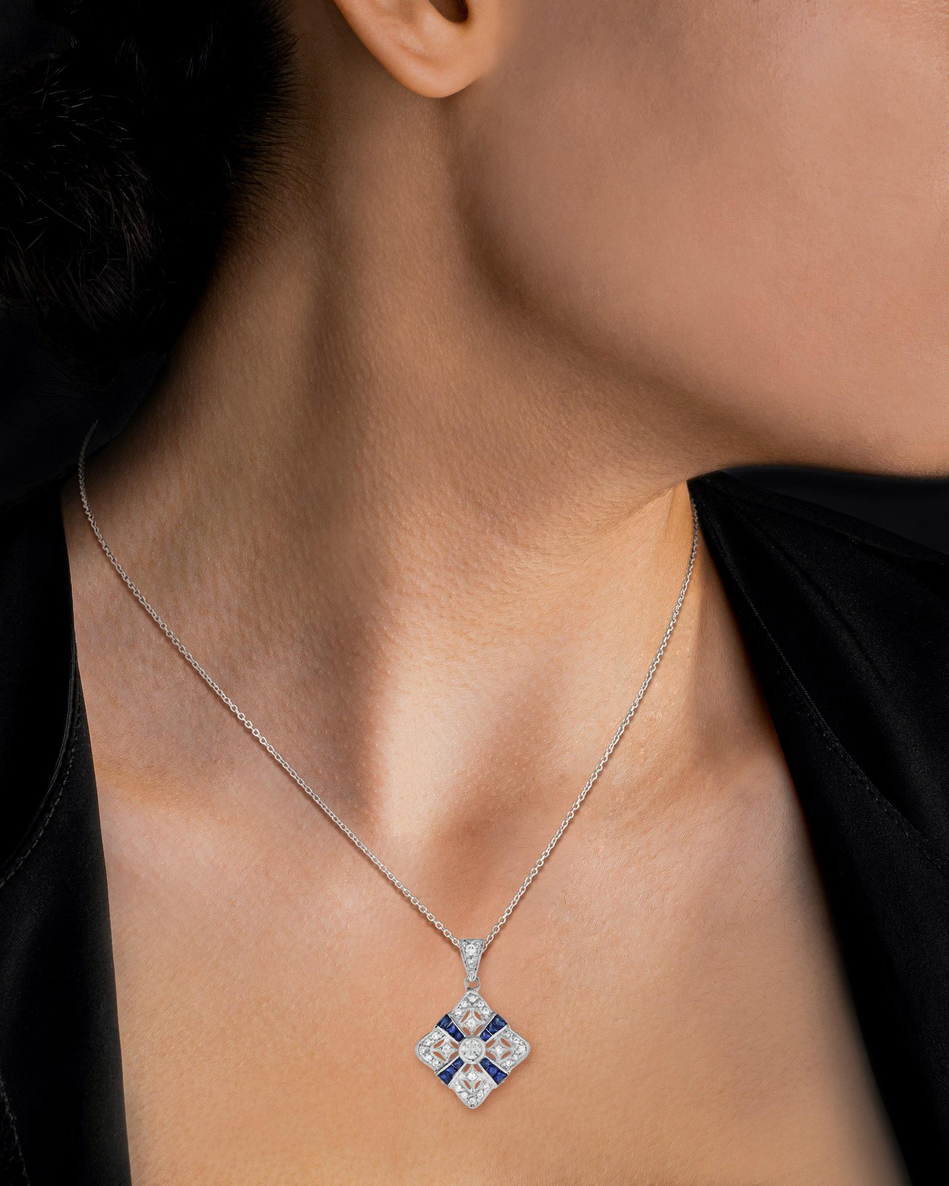 Diamond and Blue Sapphire Art Deco Style Pendant in 14K White Gold For Sale 1