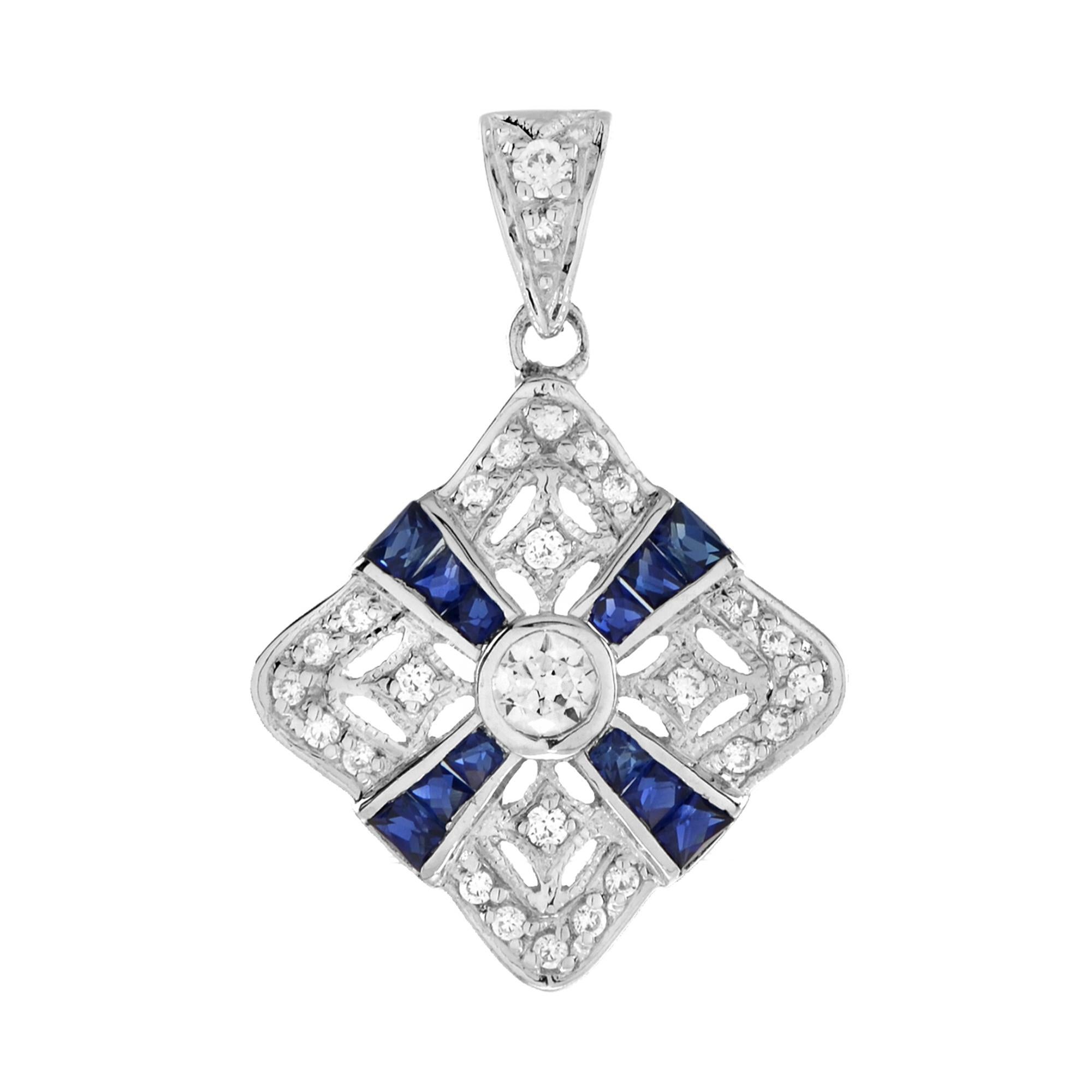 Diamond and Blue Sapphire Art Deco Style Pendant in 14K White Gold For Sale
