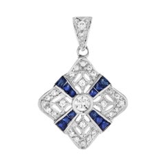 Pendentif en or blanc 14K avec diamant et saphir bleu de style Art Déco
