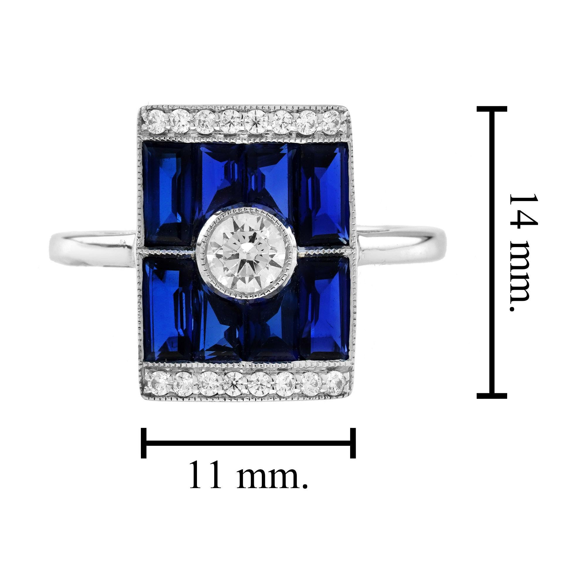Diamond and Blue Sapphire Art Deco Style Rectangular Ring in 18K White Gold For Sale 2