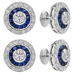 Diamond and Blue Sapphire Art Deco Style Target Shirt Stud in 14K White Gold