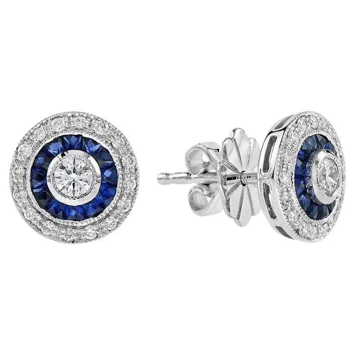 Boucles d'oreilles cible en or blanc 18 carats, diamant et saphir bleu de style Art Déco