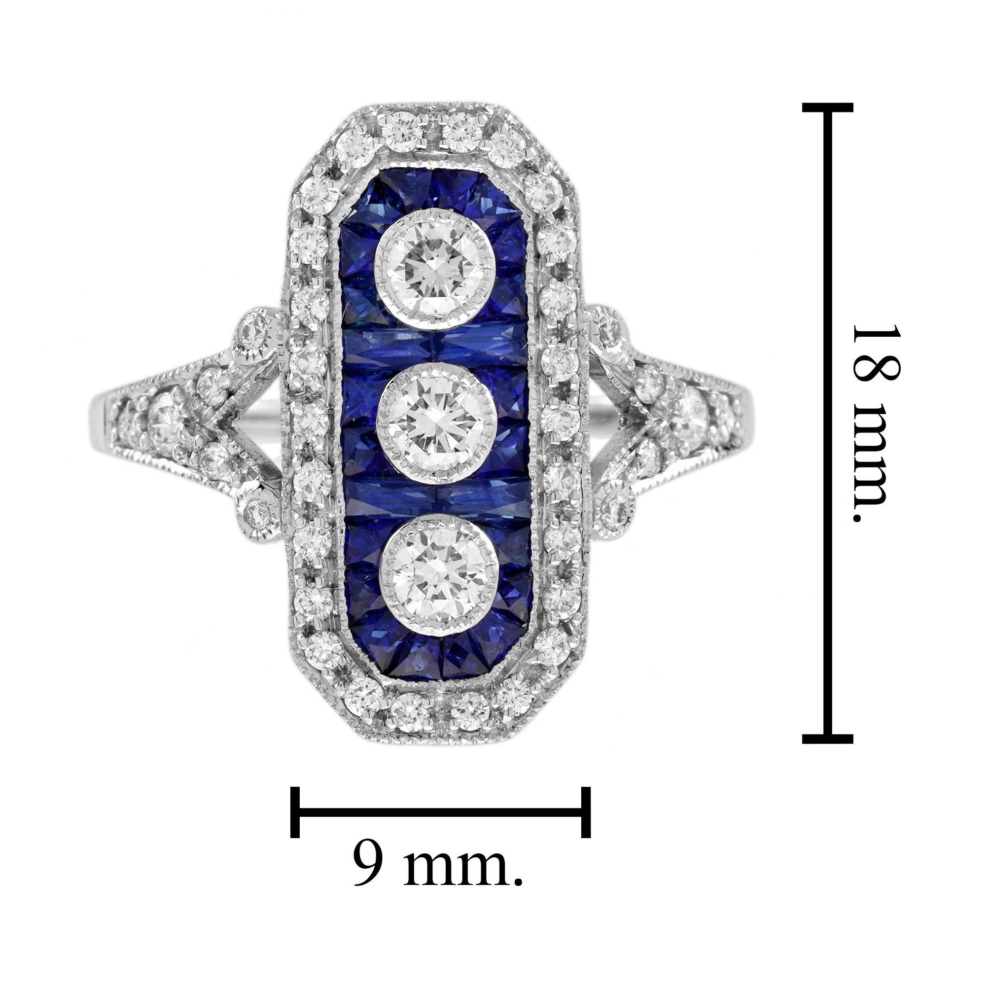 Bague à trois pierres de style Art déco en or blanc 18 carats avec diamants et saphirs bleus en vente 5