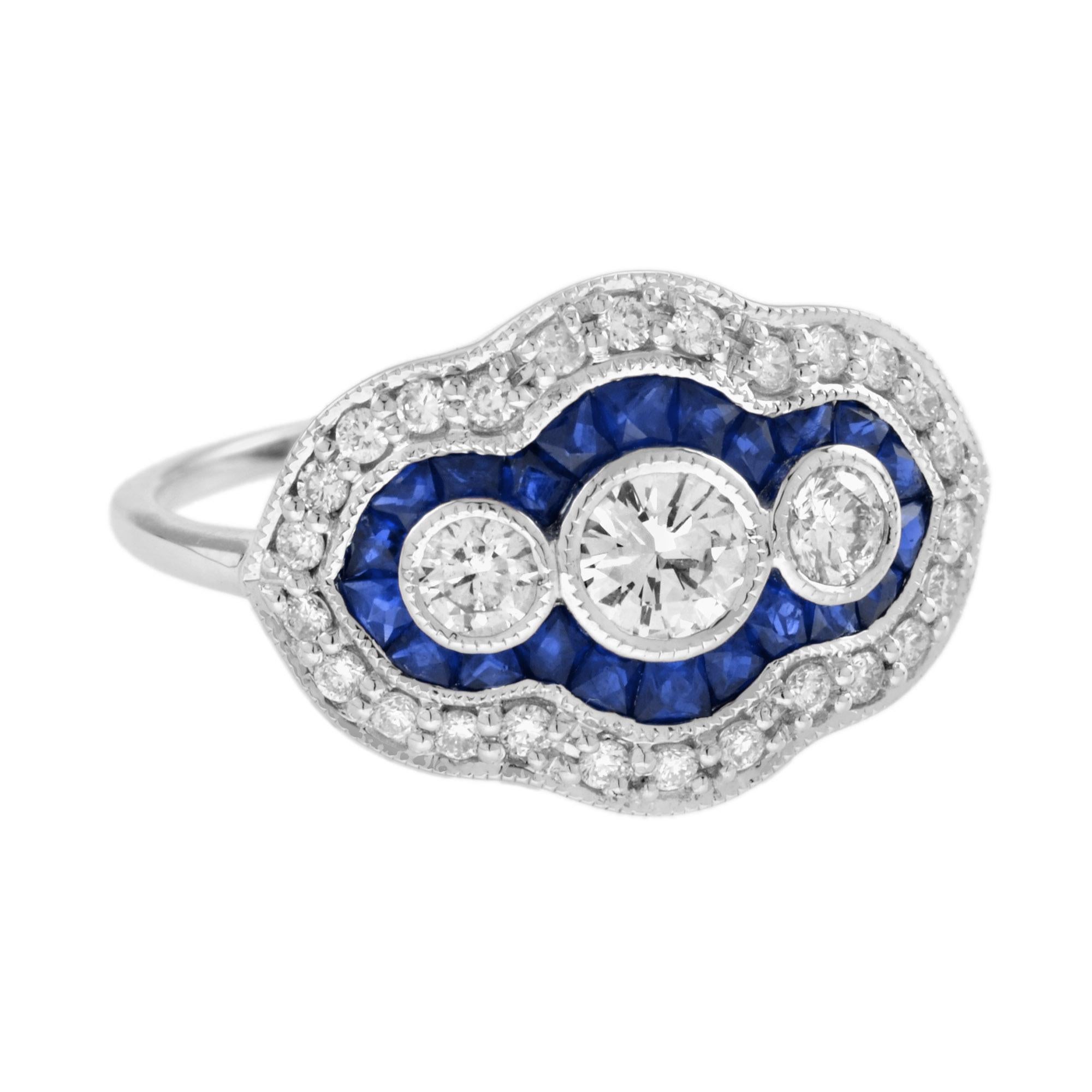Round Cut Diamond and Blue Sapphire Art Deco Style Three Stone Ring in 18K White Gold For Sale