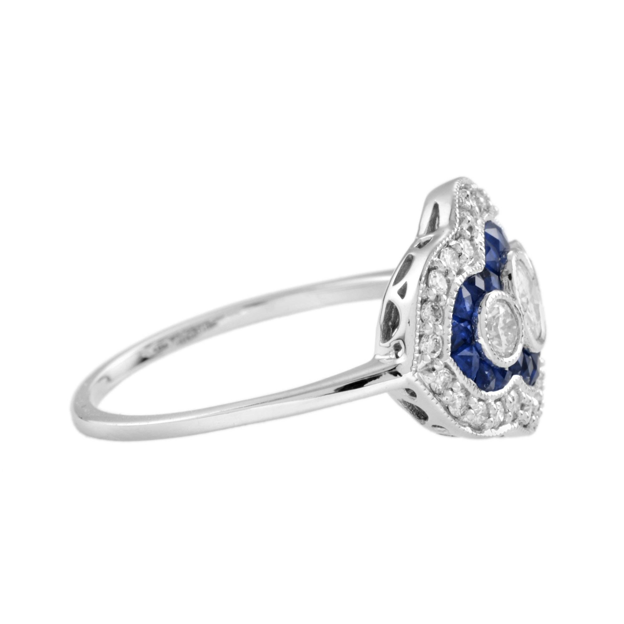 Diamond and Blue Sapphire Art Deco Style Three Stone Ring in 18K White Gold In New Condition For Sale In Bangkok, TH