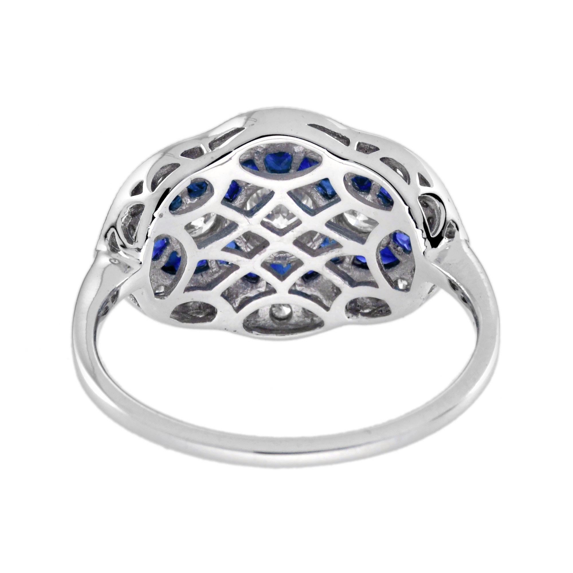 Women's Diamond and Blue Sapphire Art Deco Style Three Stone Ring in 18K White Gold For Sale