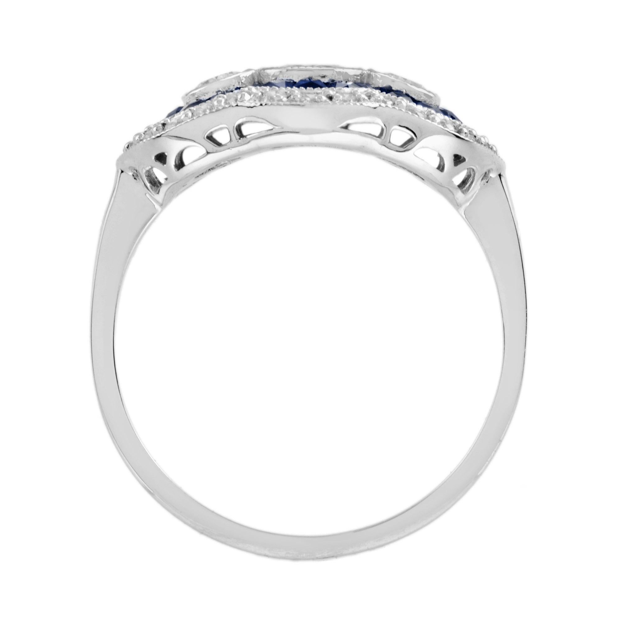 Diamond and Blue Sapphire Art Deco Style Three Stone Ring in 18K White Gold For Sale 1