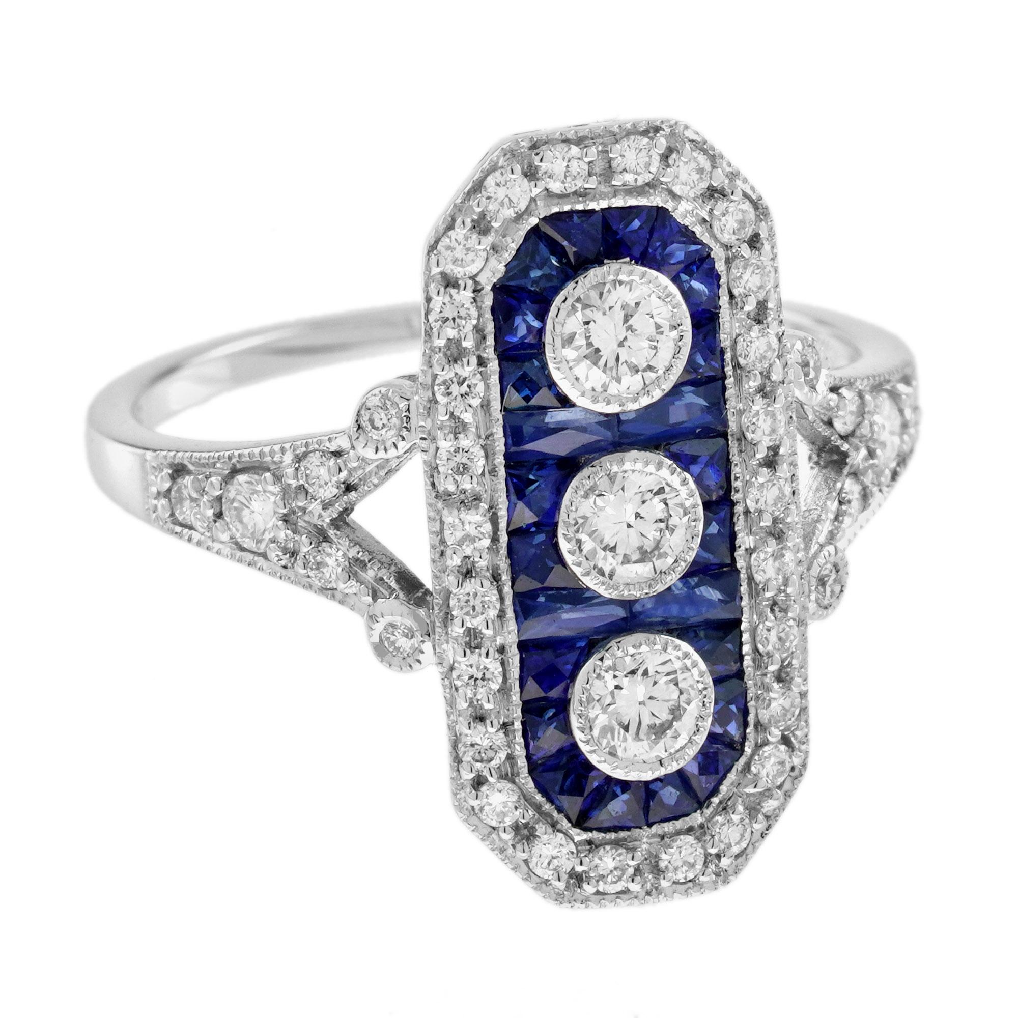 Bague à trois pierres de style Art déco en or blanc 18 carats avec diamants et saphirs bleus en vente 1