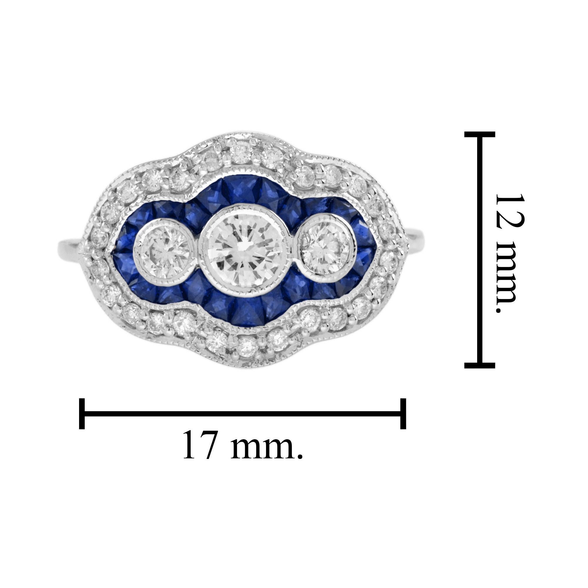 Diamond and Blue Sapphire Art Deco Style Three Stone Ring in 18K White Gold For Sale 2