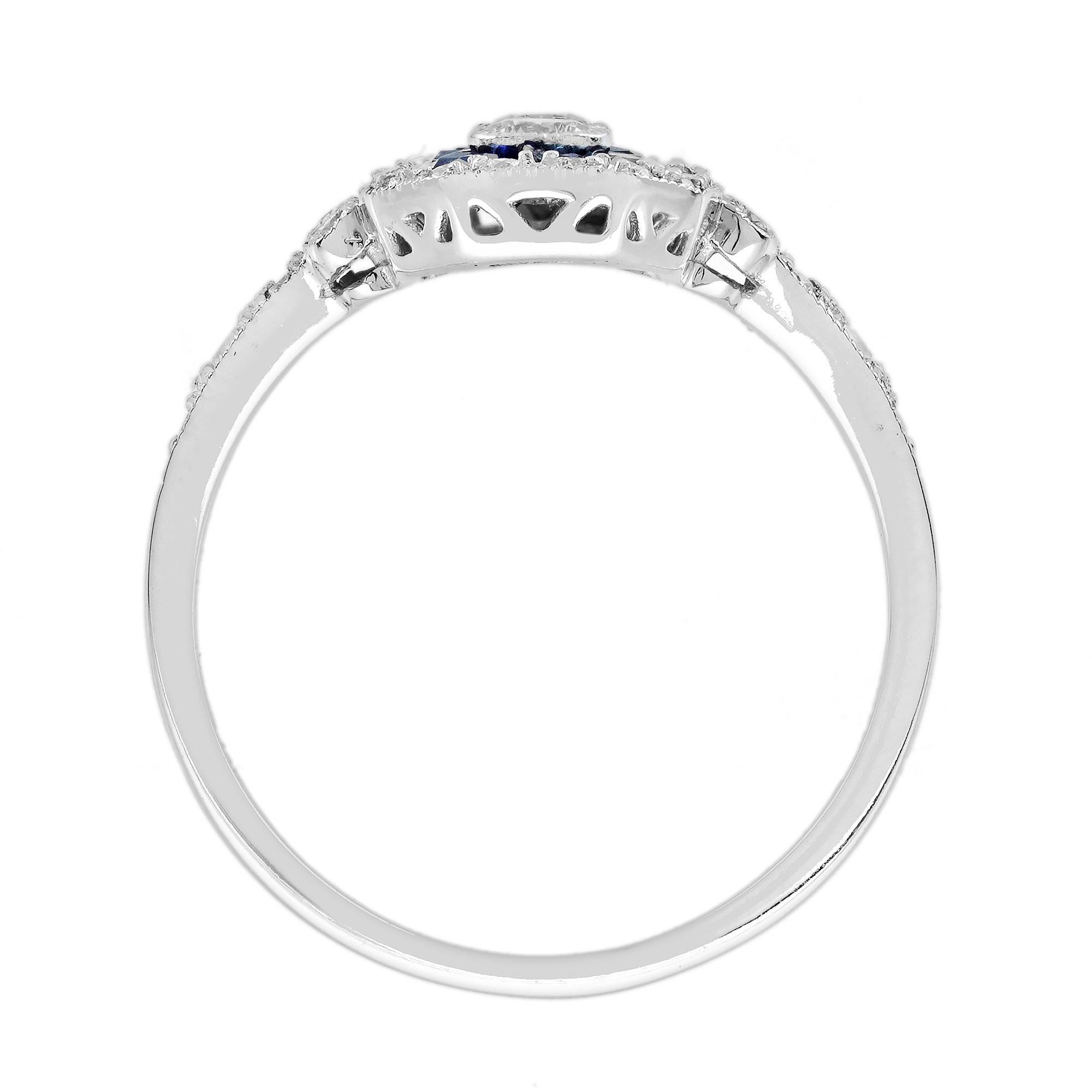 Bague à trois pierres de style Art déco en or blanc 18 carats avec diamants et saphirs bleus en vente 4
