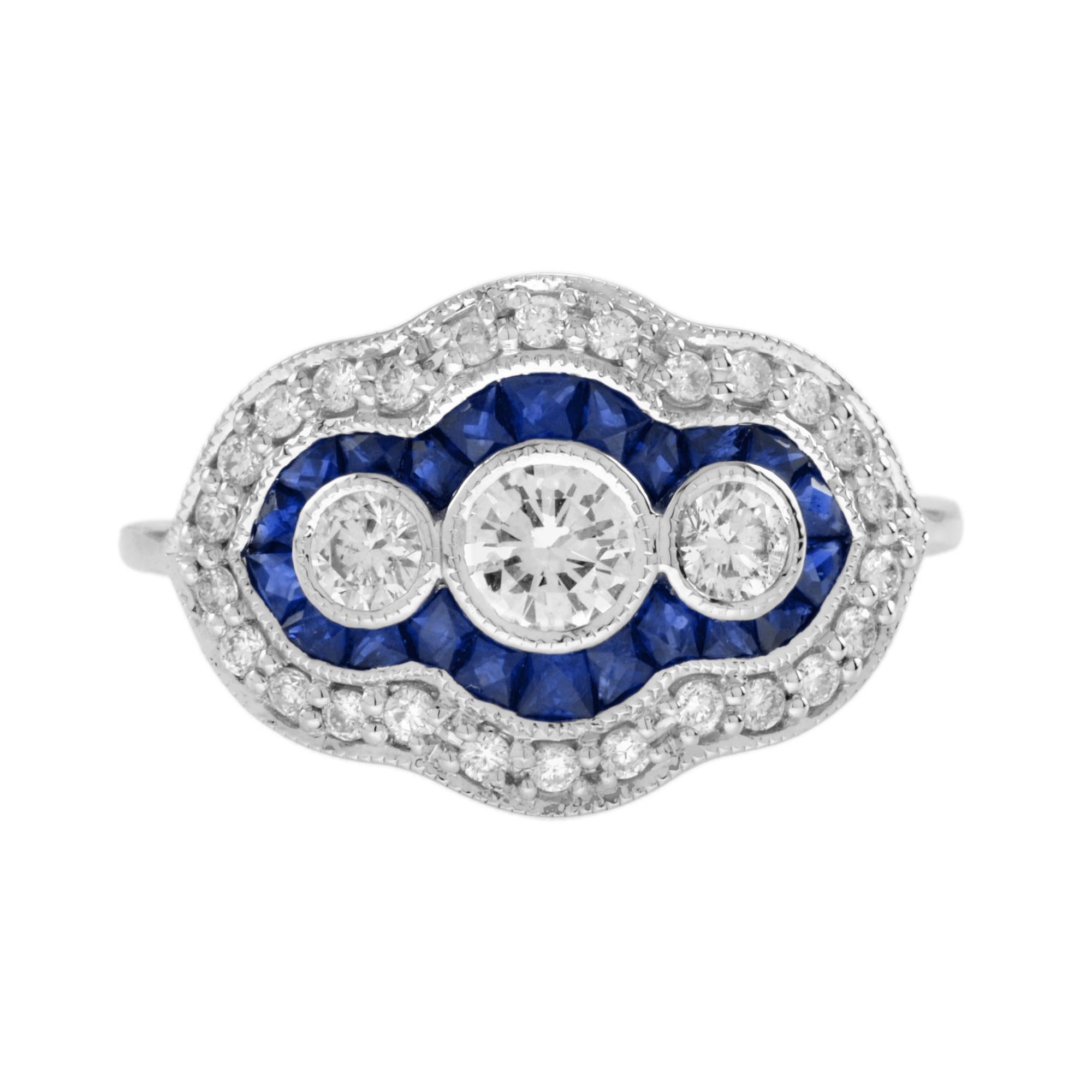 Diamond and Blue Sapphire Art Deco Style Three Stone Ring in 18K White Gold