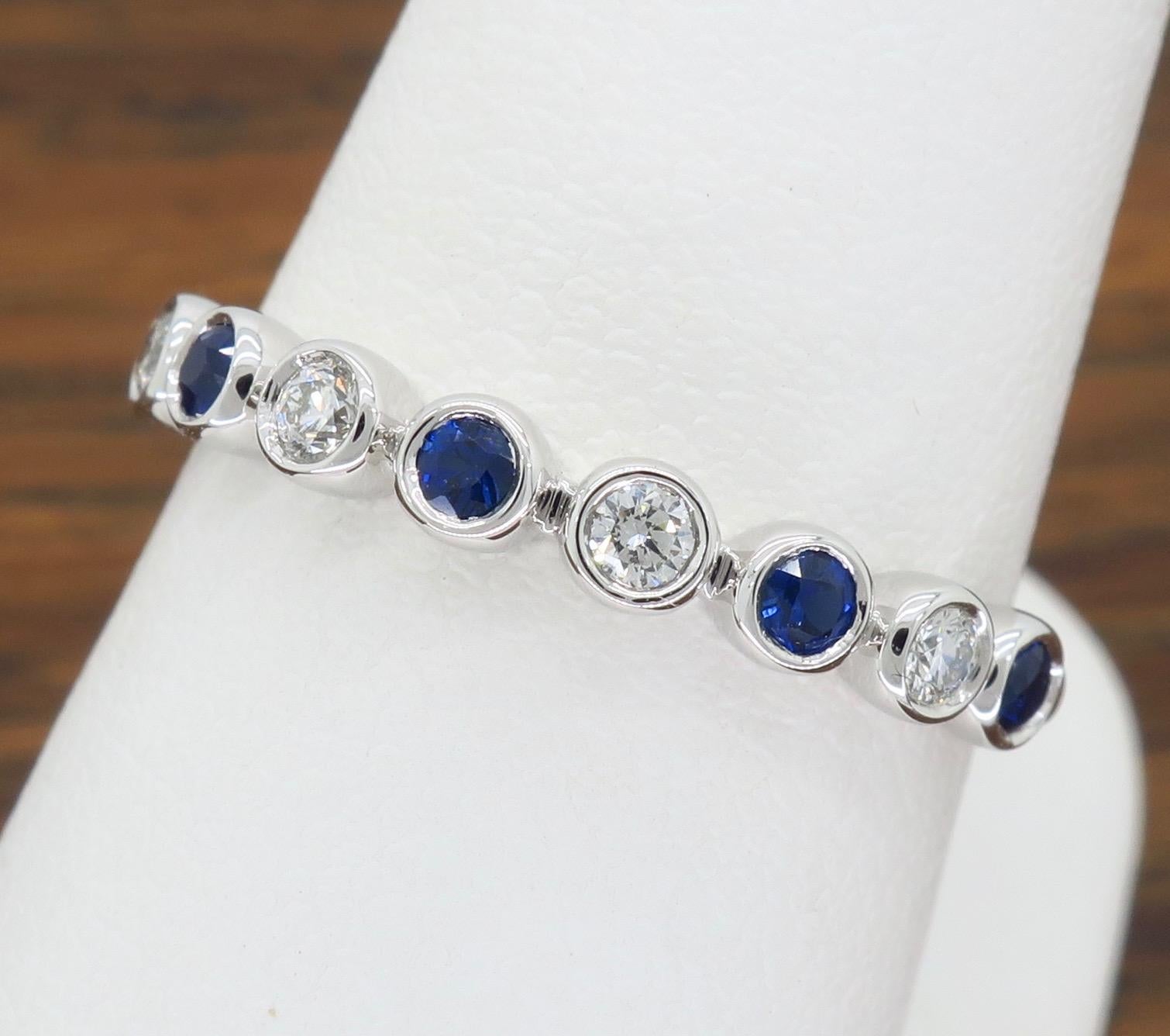 Diamond and Blue Sapphire Bezel Set Band In New Condition In Webster, NY