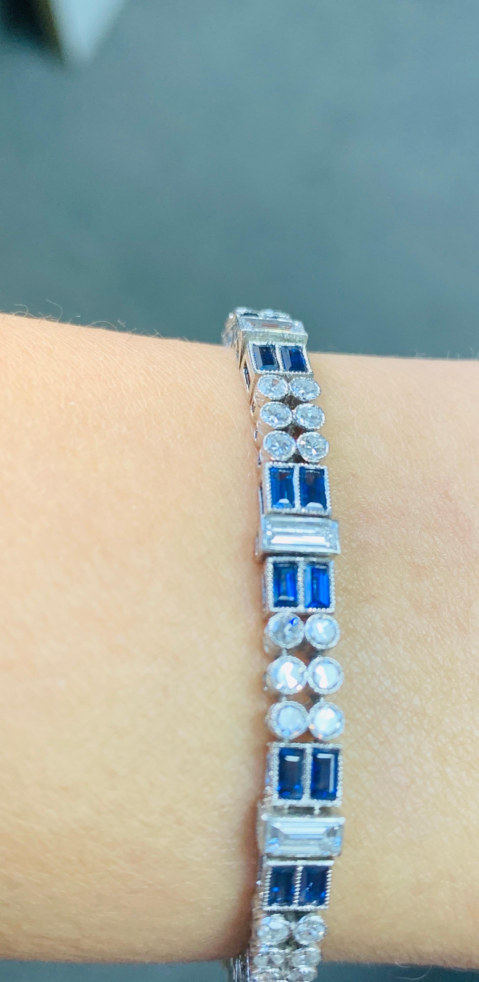 Diamond and Blue Sapphire Bracelet in Platinum For Sale 5