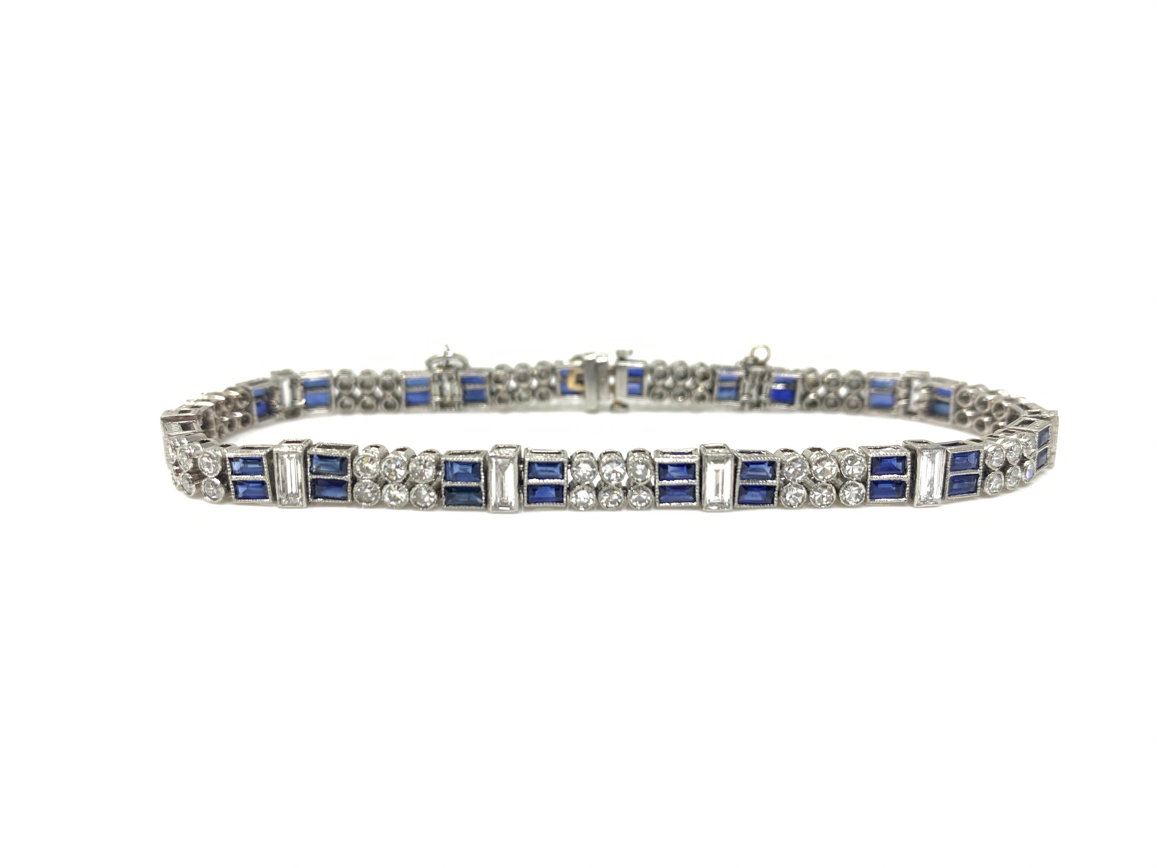 Moguldiam Inc's diamond and blue sapphire bracelet is one of a kind handmade bracelet in platinum.
 Diamond weight : 3 carat 
Blue sapphire : 3 carat 
Metal : platinum 
Measurements : length : 7 inch 