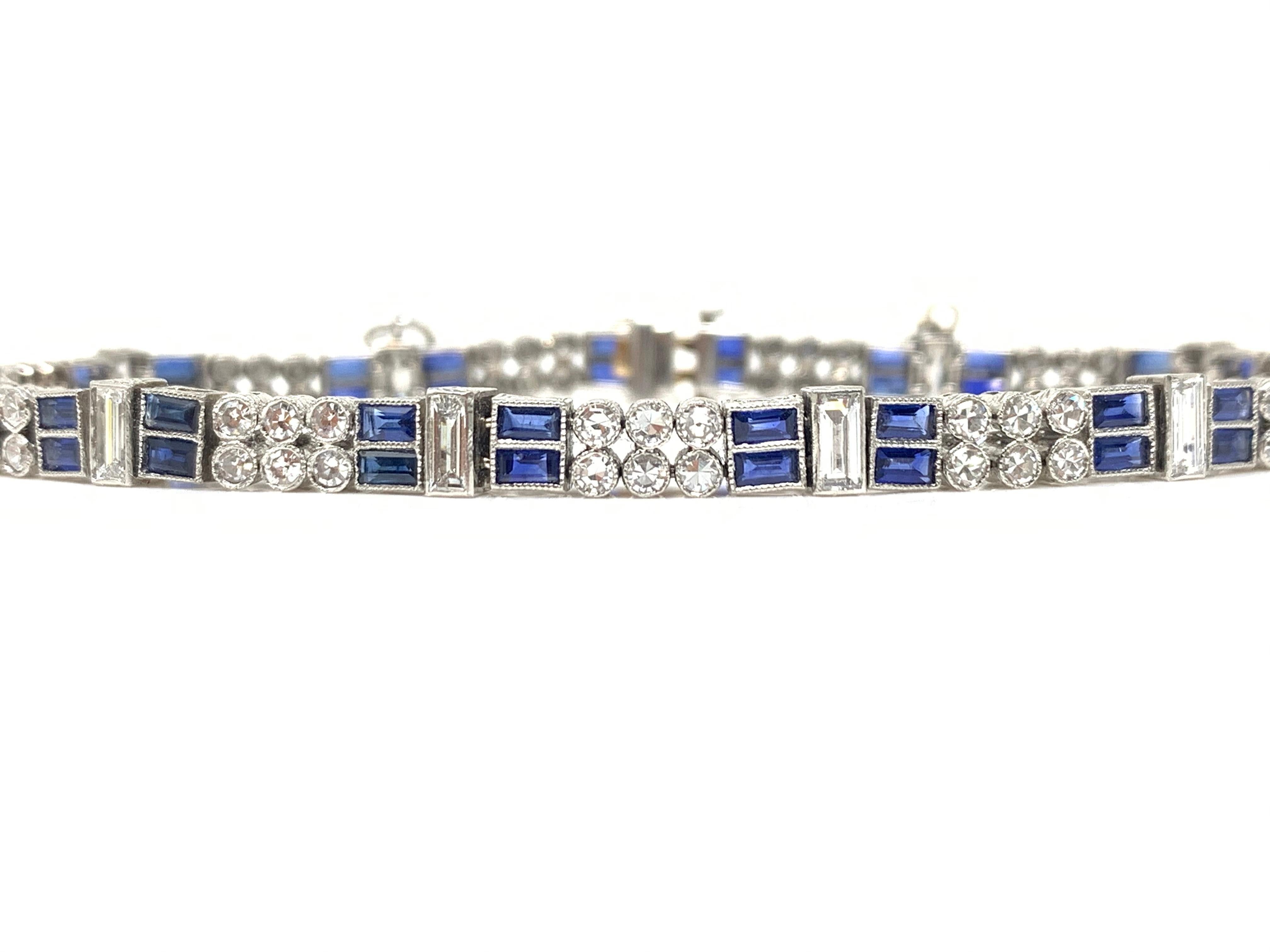 Baguette Cut Diamond and Blue Sapphire Bracelet in Platinum For Sale