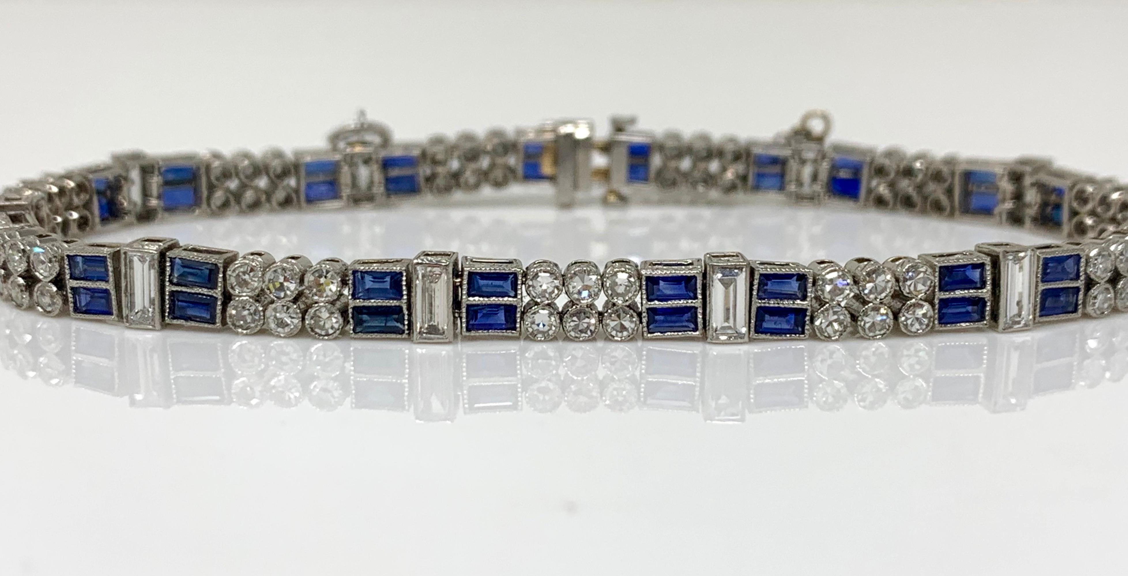 Women's Diamond and Blue Sapphire Bracelet in Platinum For Sale