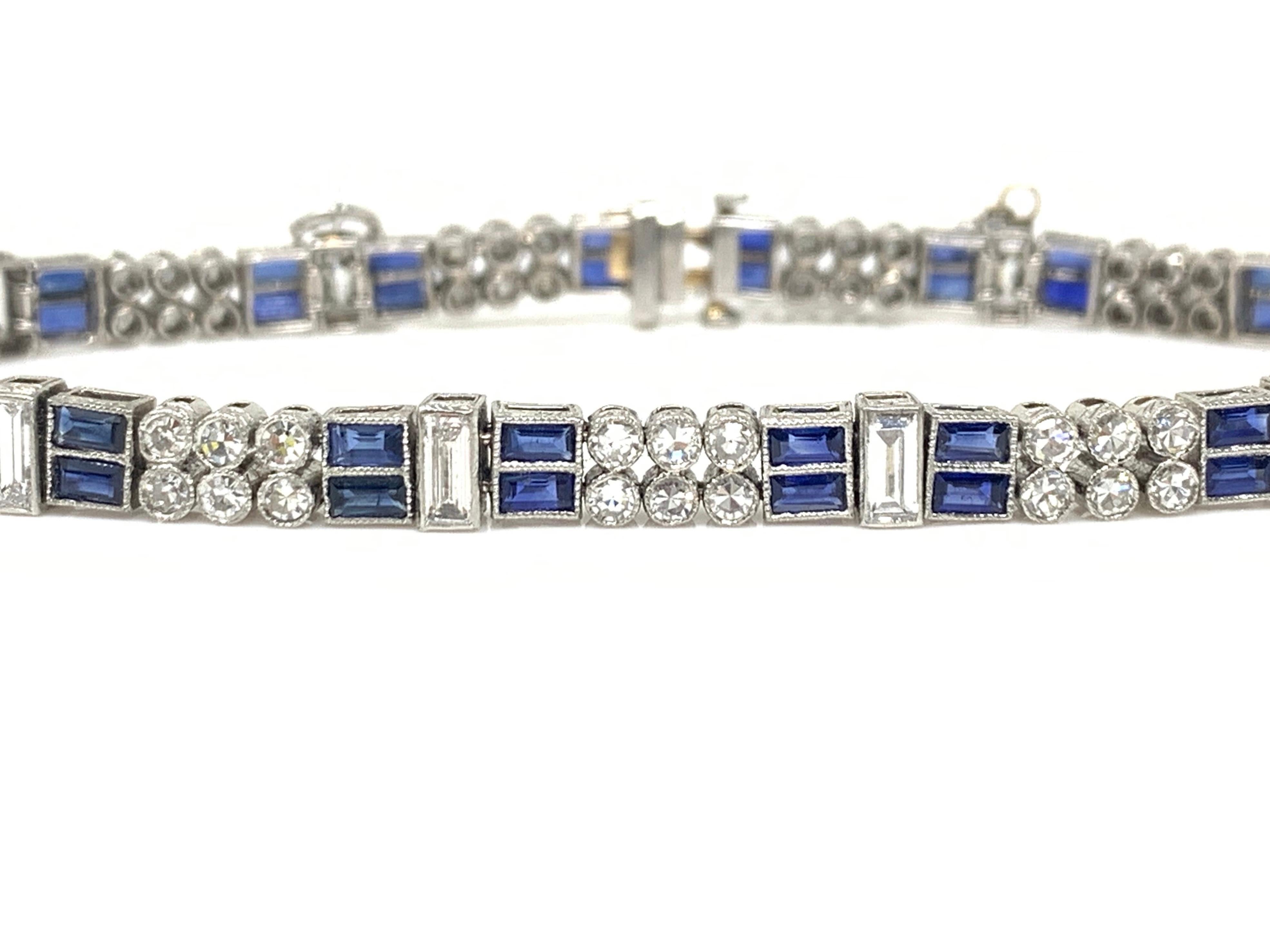 Diamond and Blue Sapphire Bracelet in Platinum For Sale 1