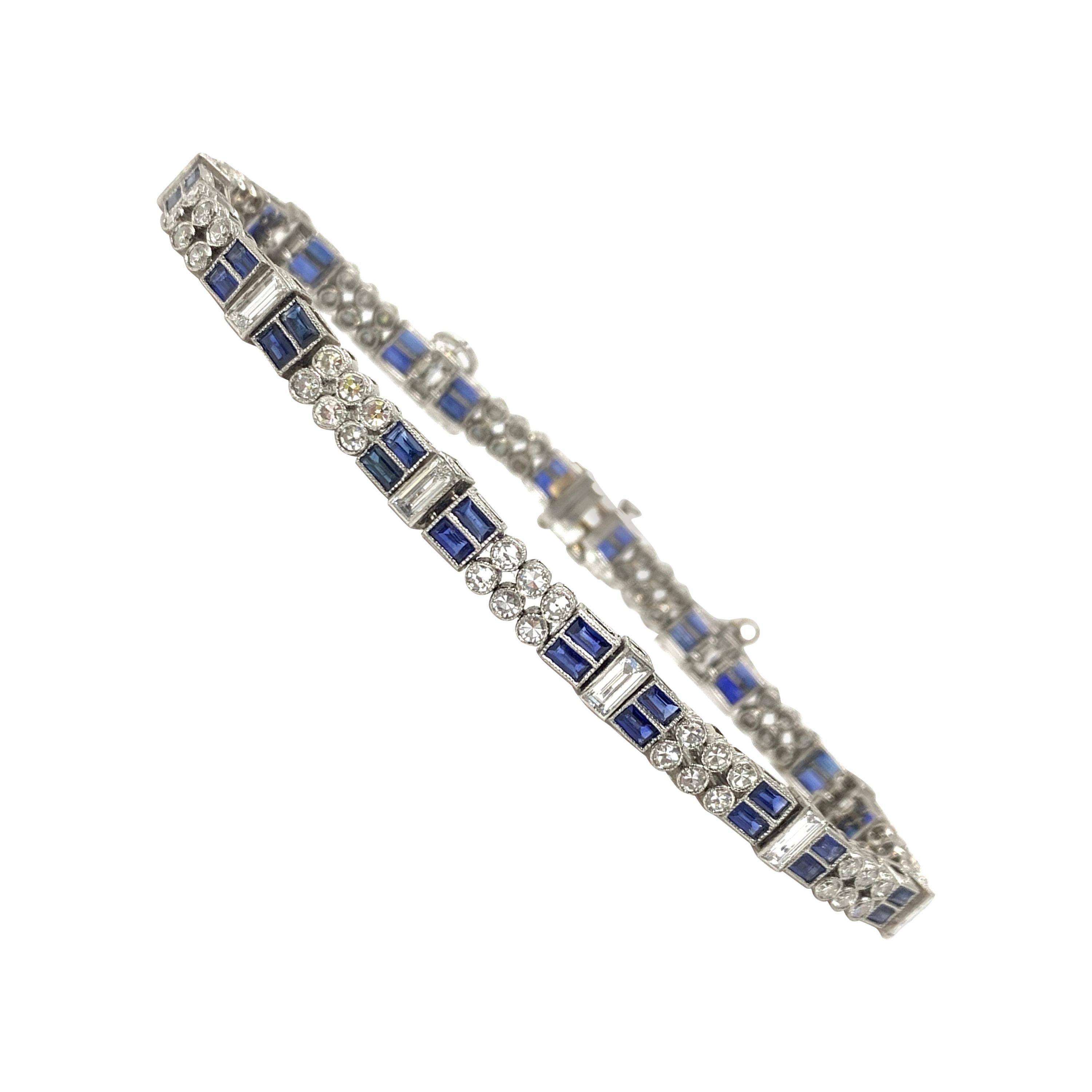 Diamond and Blue Sapphire Bracelet in Platinum For Sale