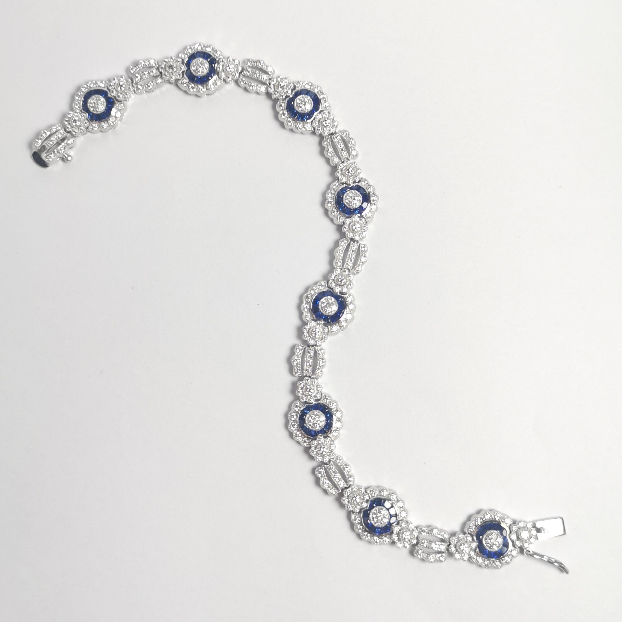 Diamond and Blue Sapphire Bracelet set in 18K White Gold Settings For Sale 5
