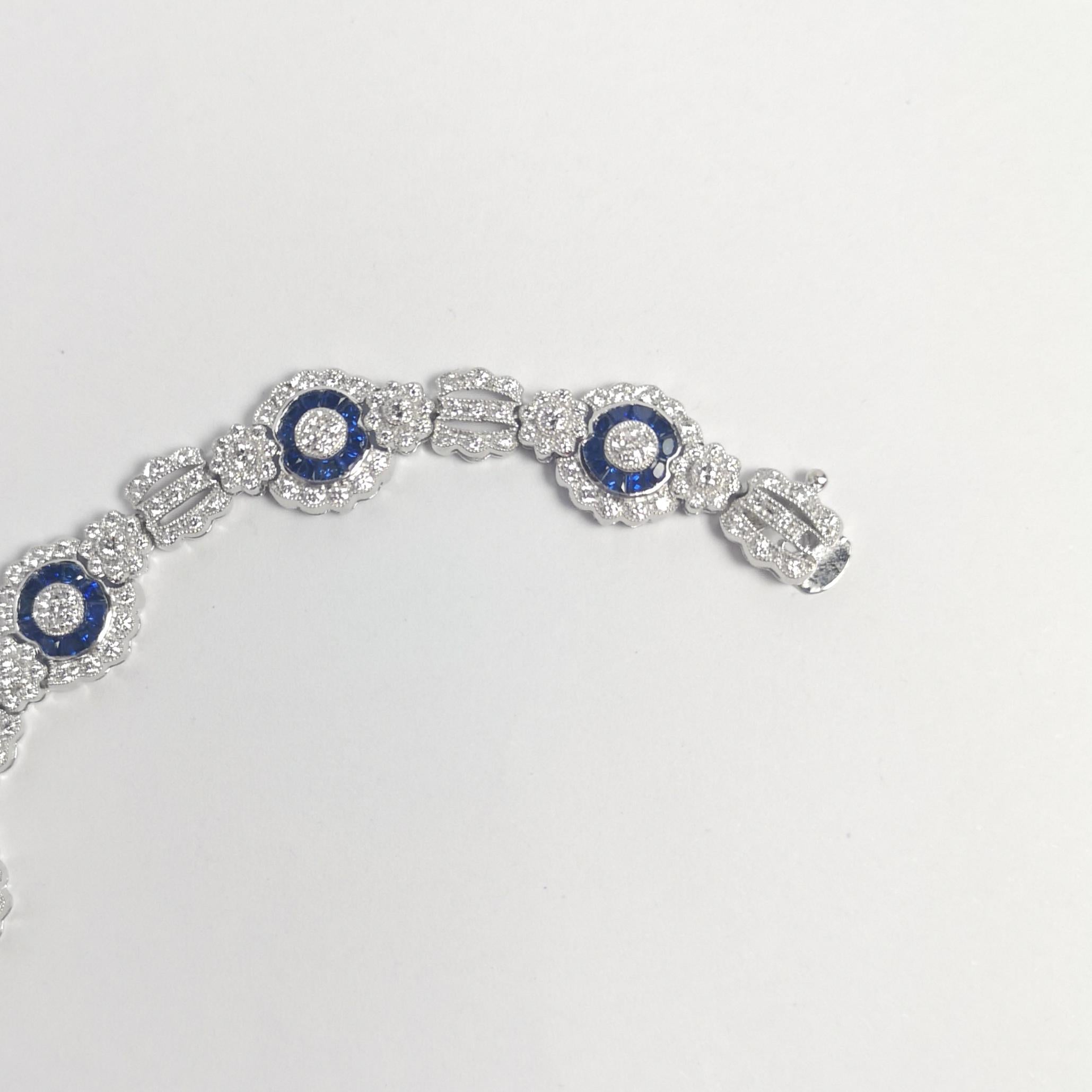 Diamond and Blue Sapphire Bracelet set in 18K White Gold Settings For Sale 8