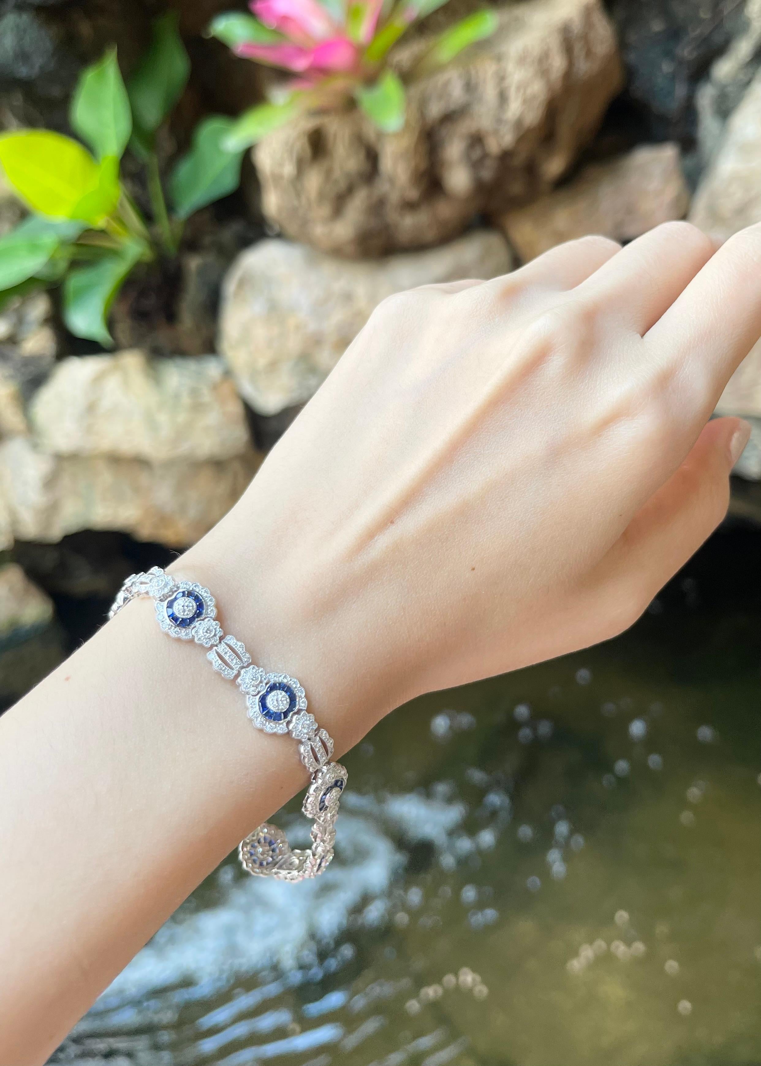 Art Deco Diamond and Blue Sapphire Bracelet set in 18K White Gold Settings For Sale