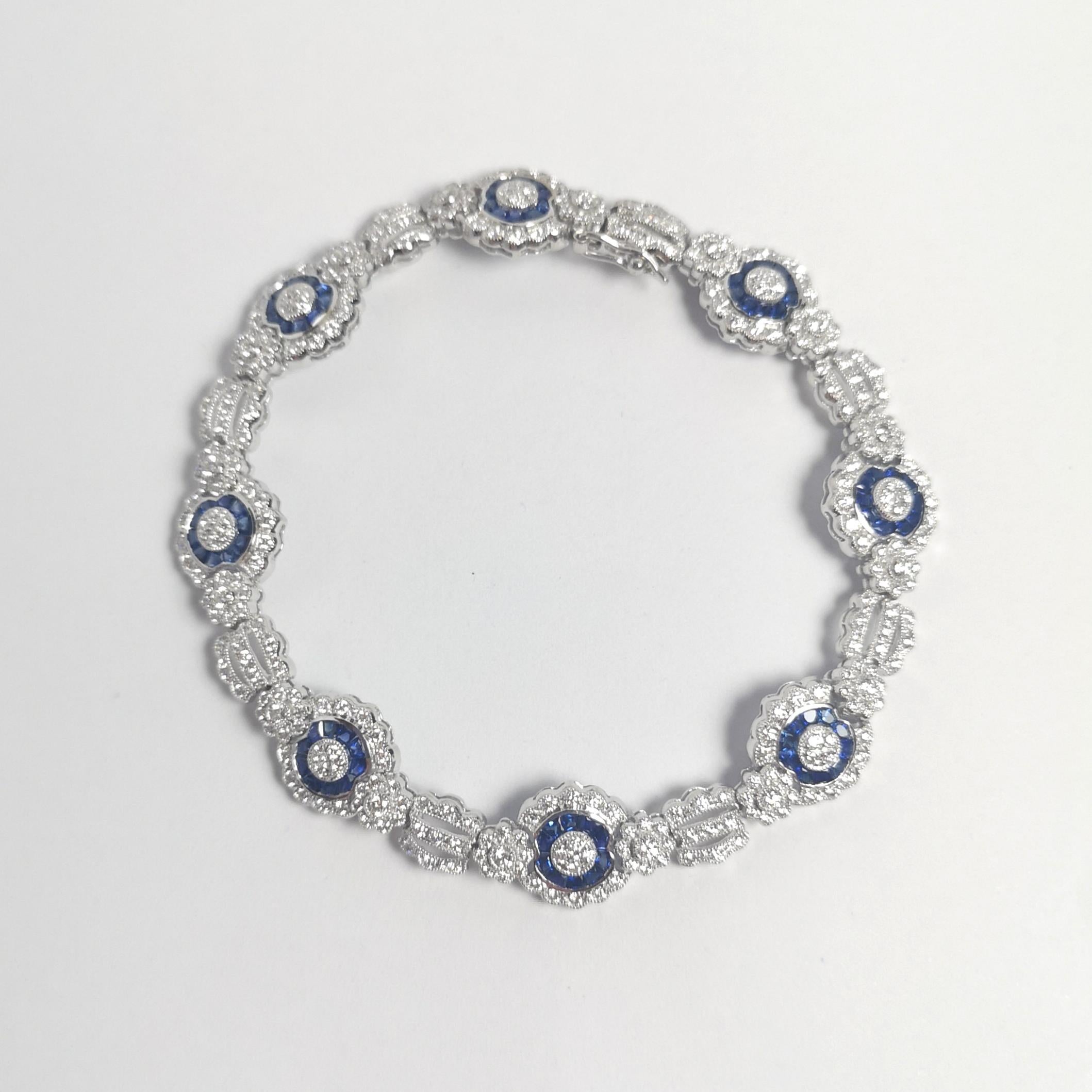 Diamond and Blue Sapphire Bracelet set in 18K White Gold Settings For Sale 2