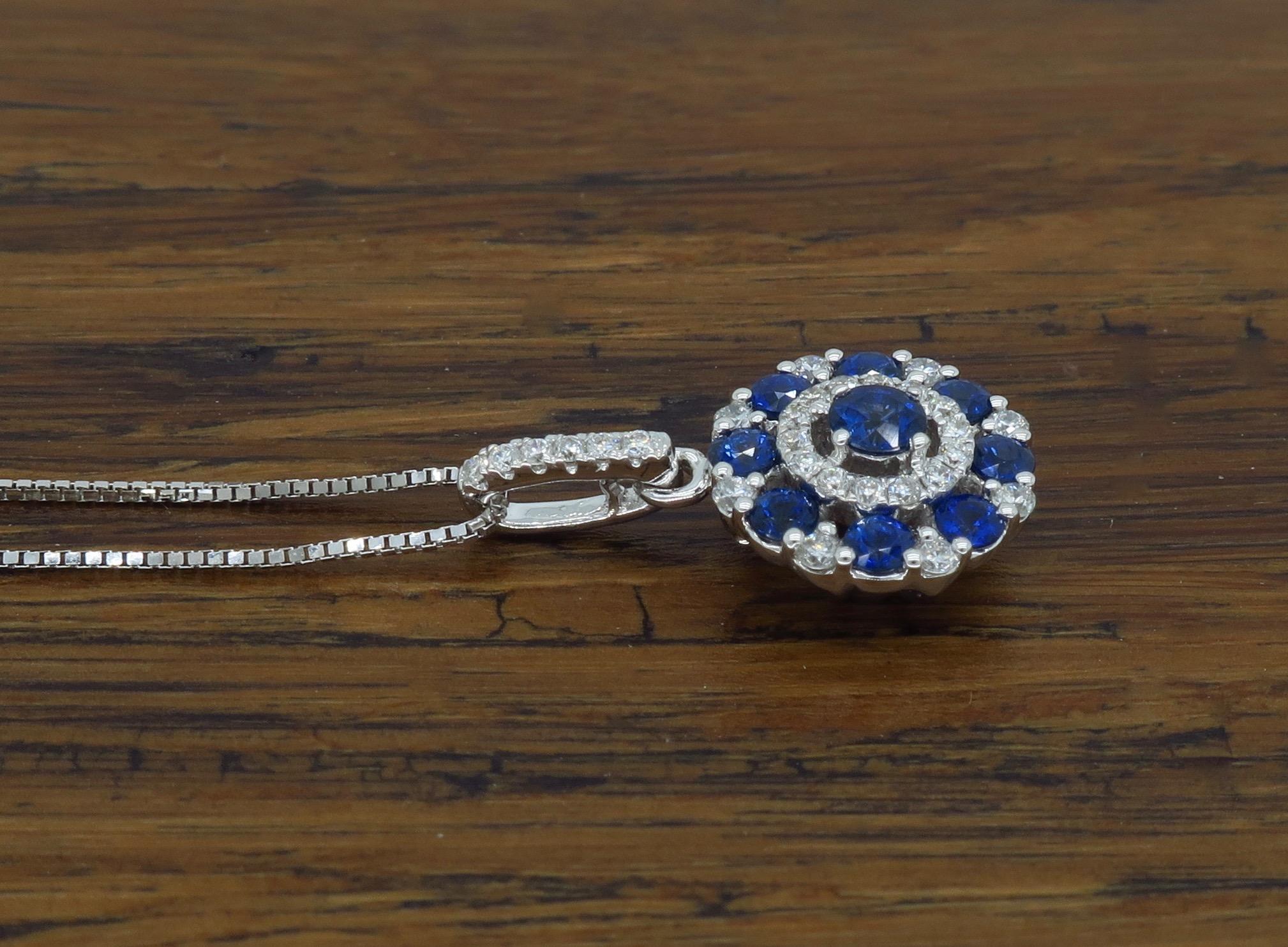 Diamond and Blue Sapphire Circle Pendant Necklace In New Condition In Webster, NY