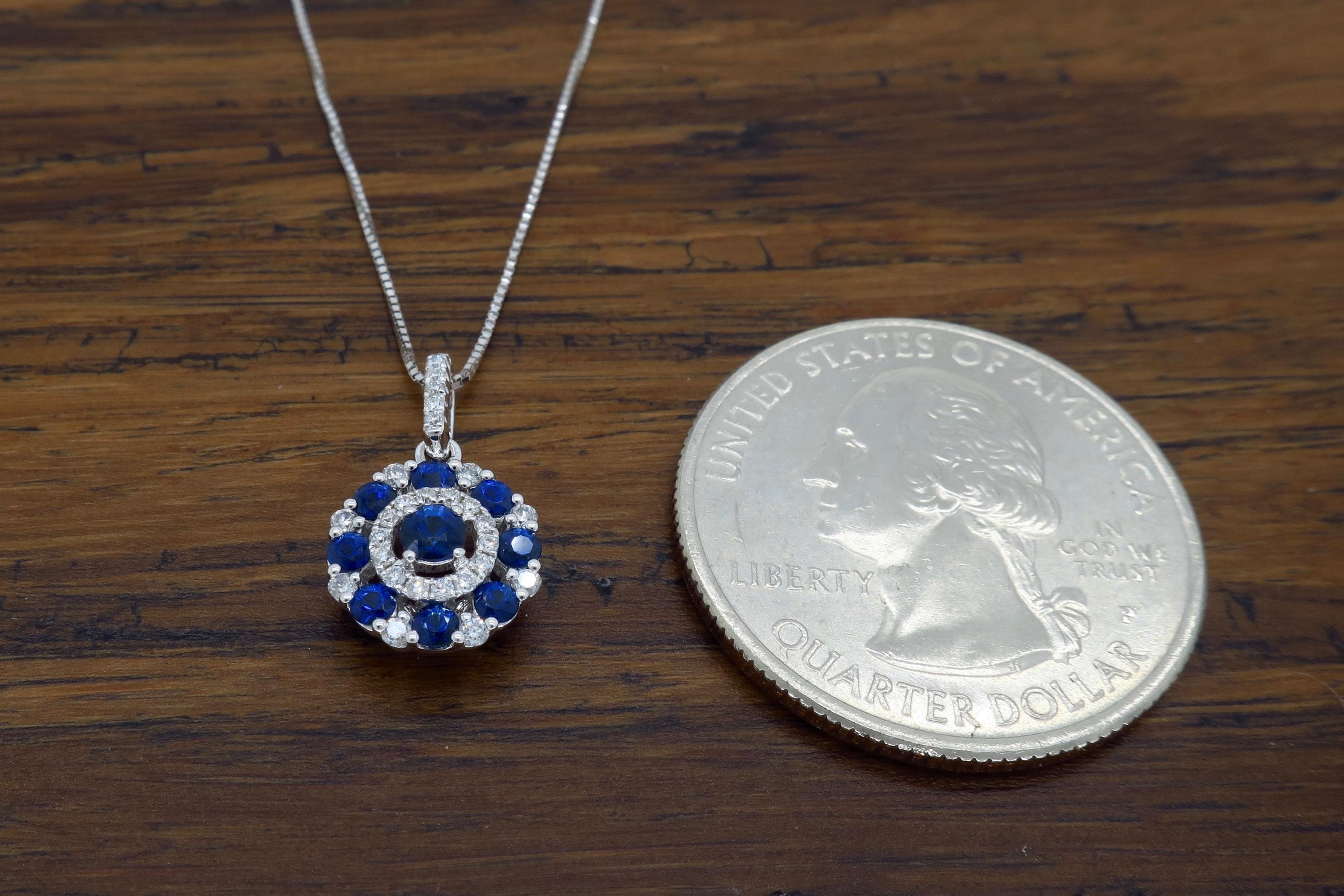 Women's or Men's Diamond and Blue Sapphire Circle Pendant Necklace