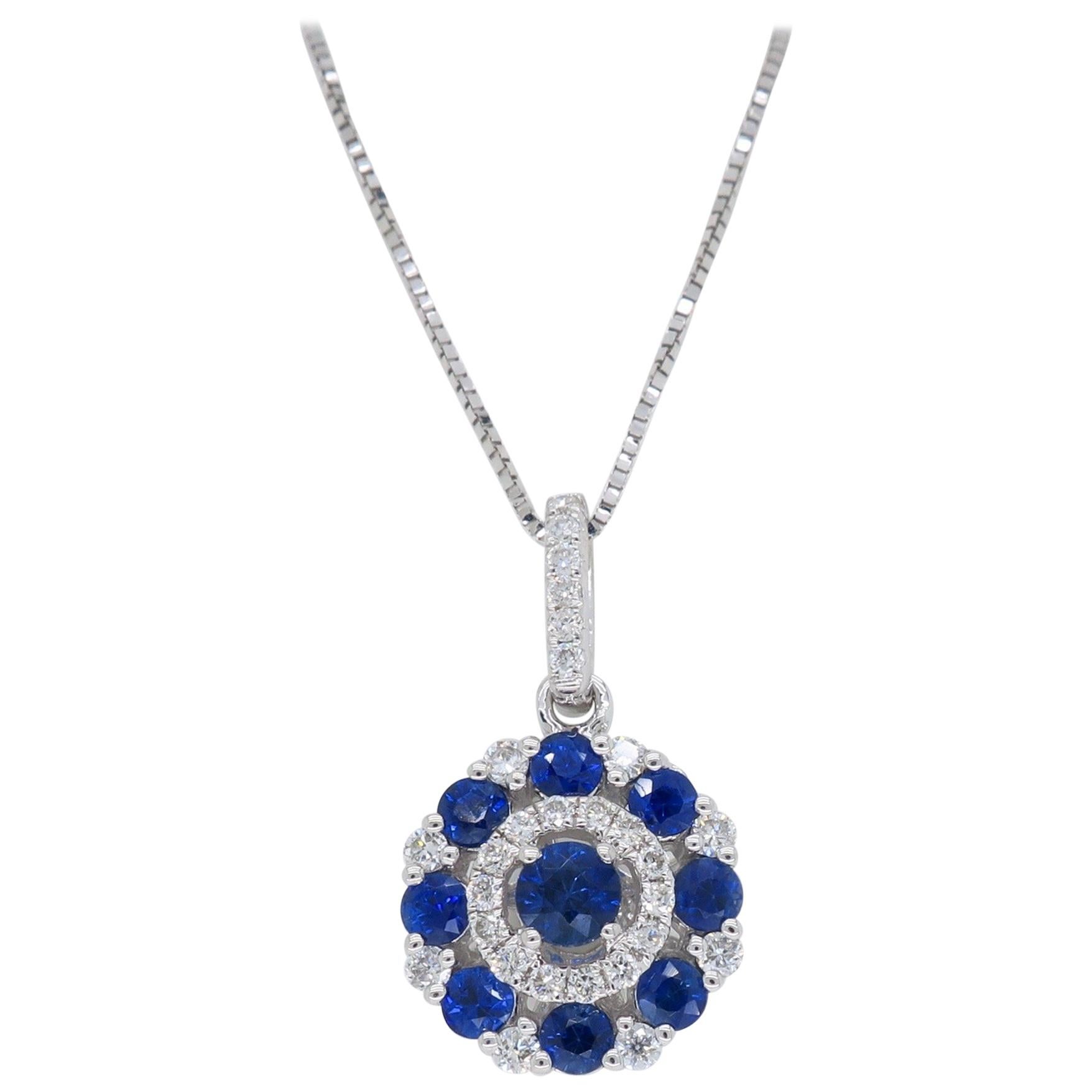 Diamond and Blue Sapphire Circle Pendant Necklace