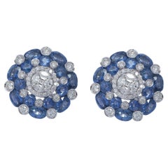 Diamond and Blue Sapphire Cluster Earrings