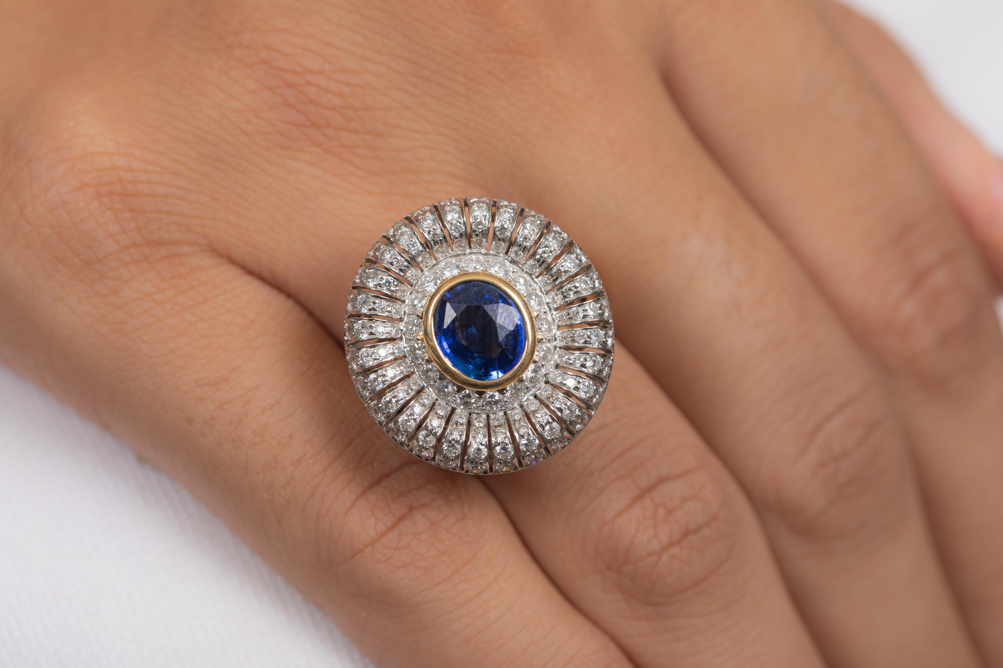For Sale:   Unique Diamond and Blue Sapphire Cocktail Ring in 18k Solid Yellow Gold 2