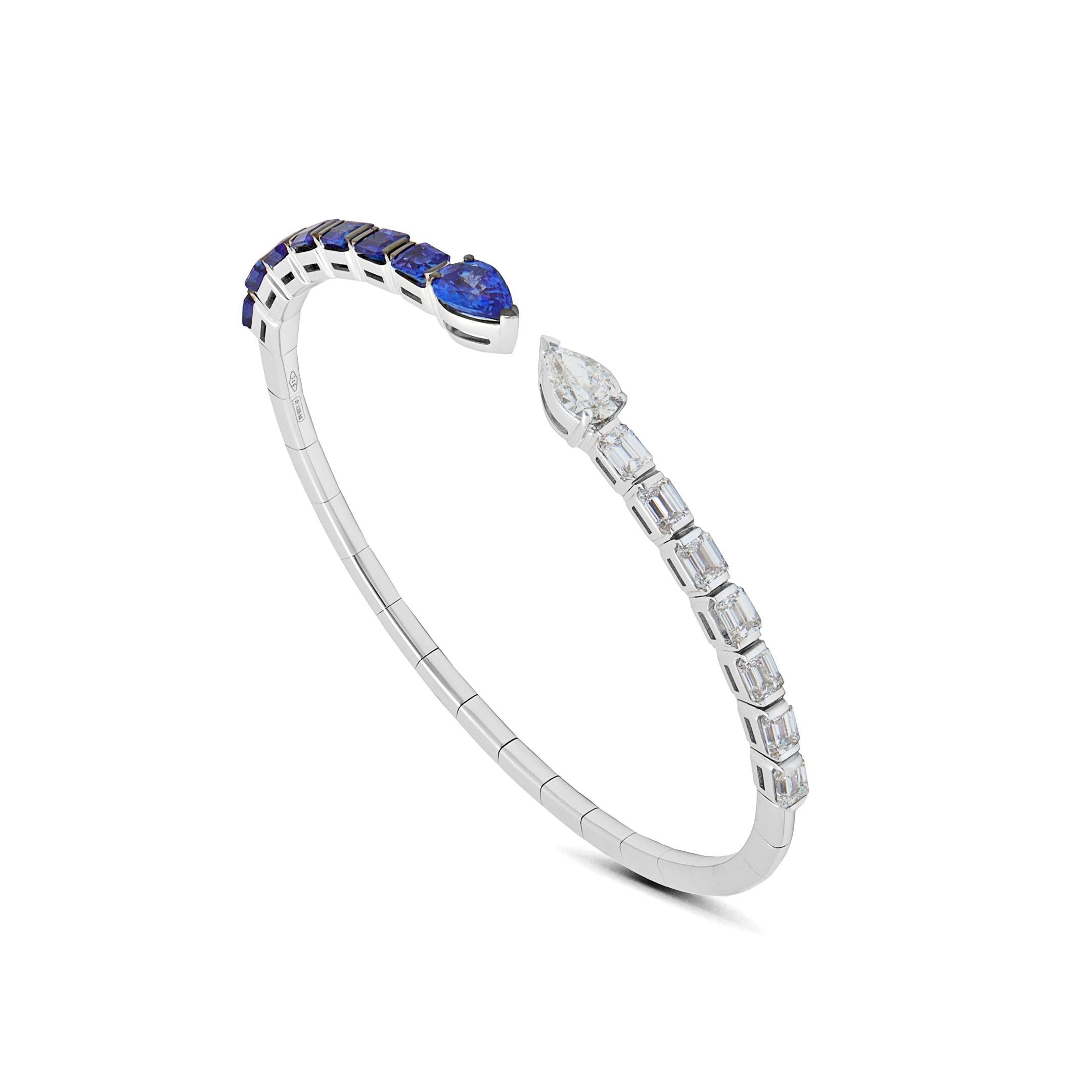 Contemporary Diamond and Blue Sapphire Cuff Bracelet For Sale